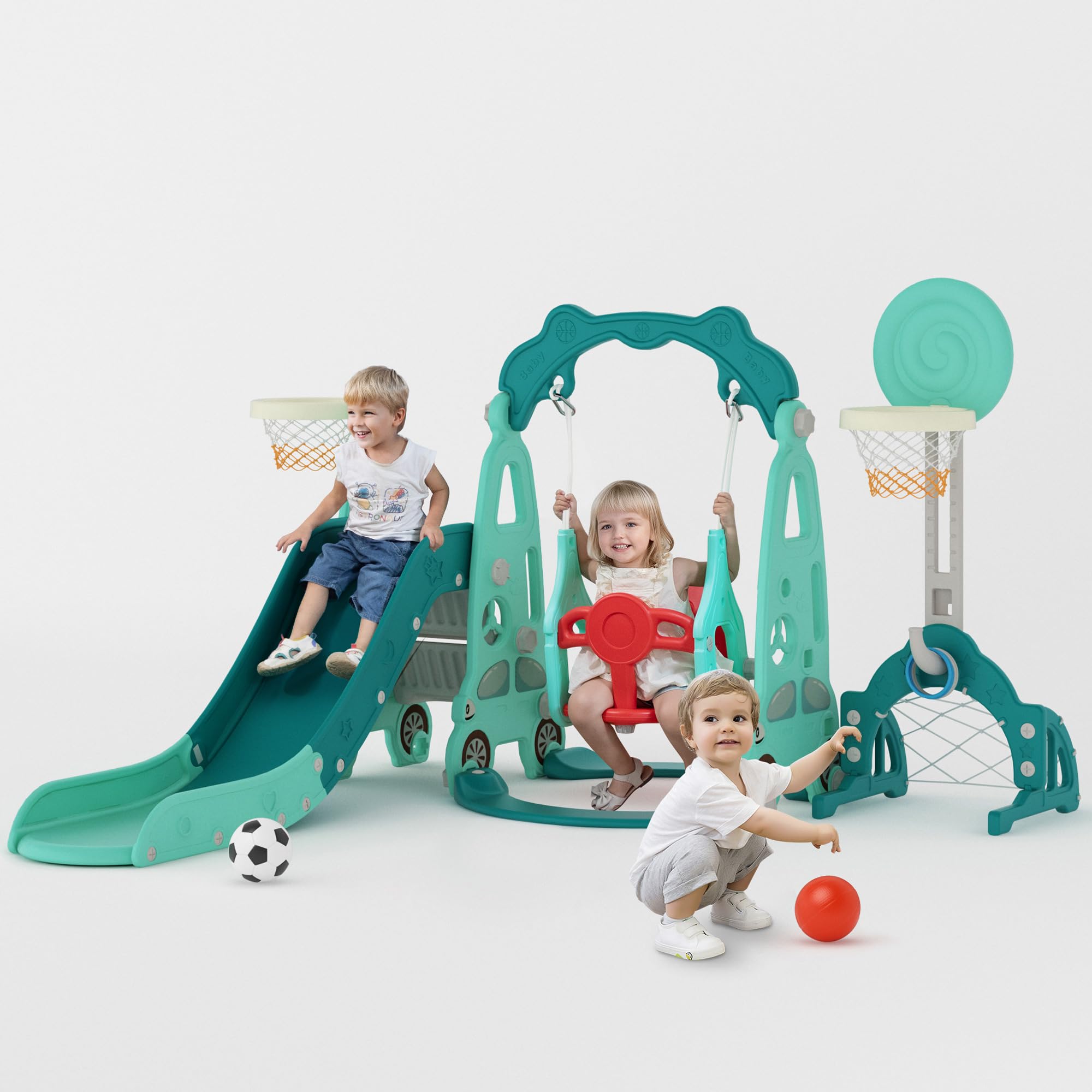 6 in 1 Toddler Slide and Swing Playset, Indoor and Outdoor Kids Slide Playground for Toddlers Age 1-8 with Basketball Hoop and Ring Toss Game