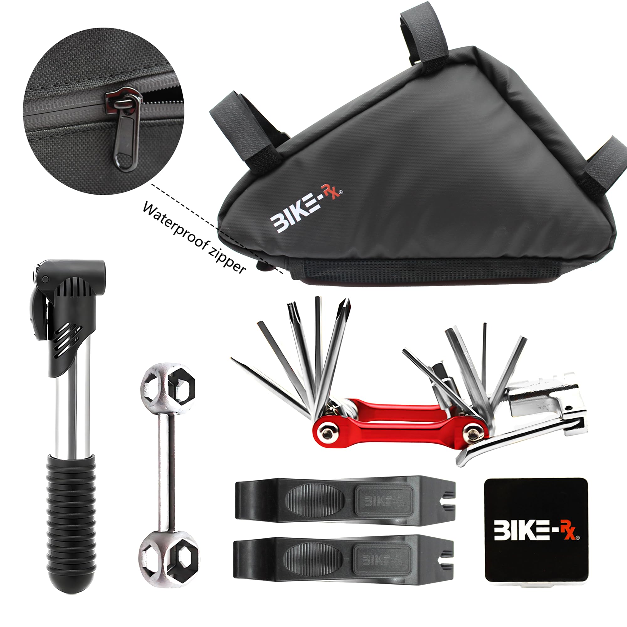 Kit de reparación de bicicletas, multiherramienta 16 en 1, mini bomba de 120 PSI, palancas de neumáticos, parches, bolsa de sillín para carretera, montaña y bicicletas eléctricas, kit de