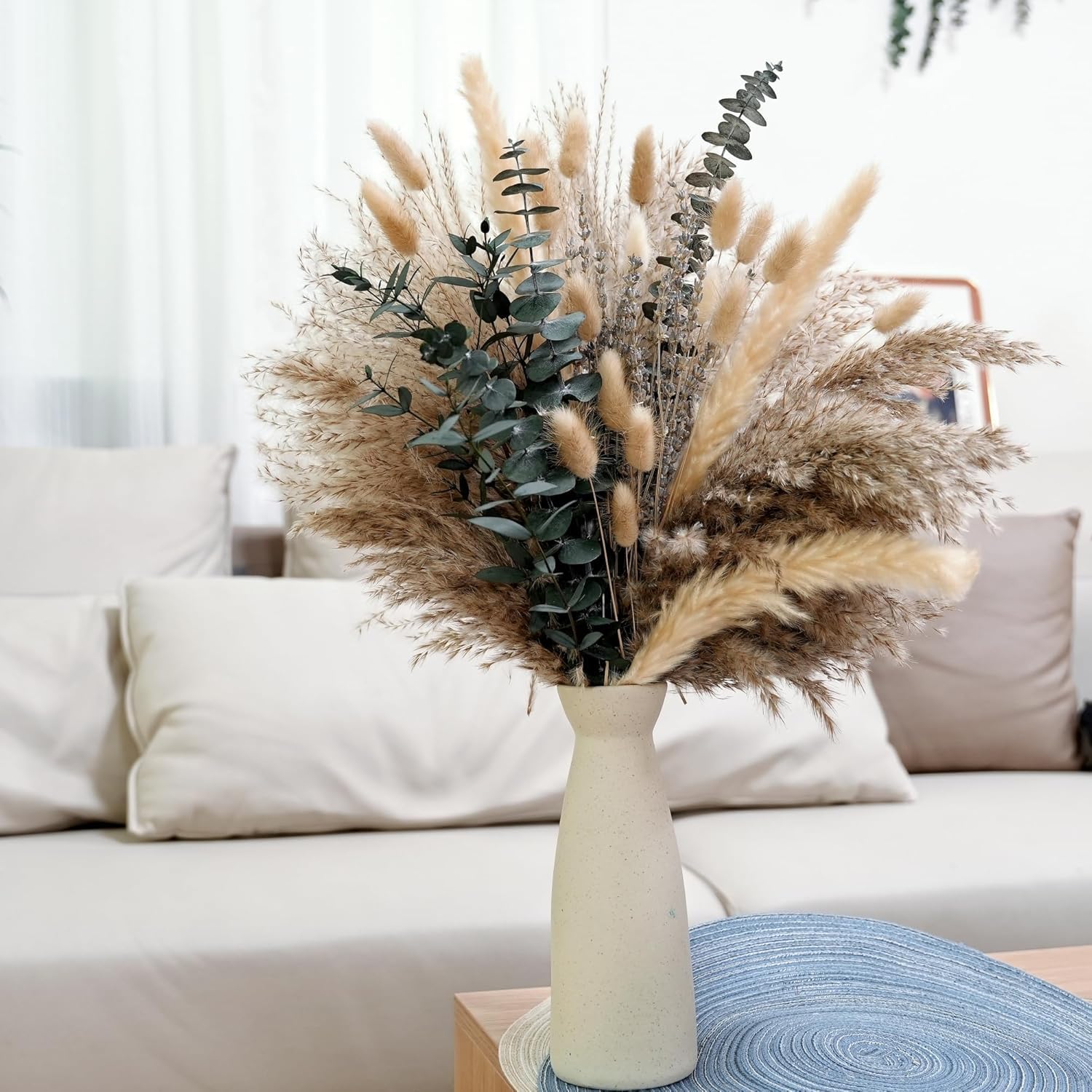 Bouquet de Fleurs séchées Naturelles avec Pampa, Eucalyptus séchés et Fausses Fleurs – Décoration bohème pour Chambre, Salon et Mariage – Idéal pour Vase décoratif