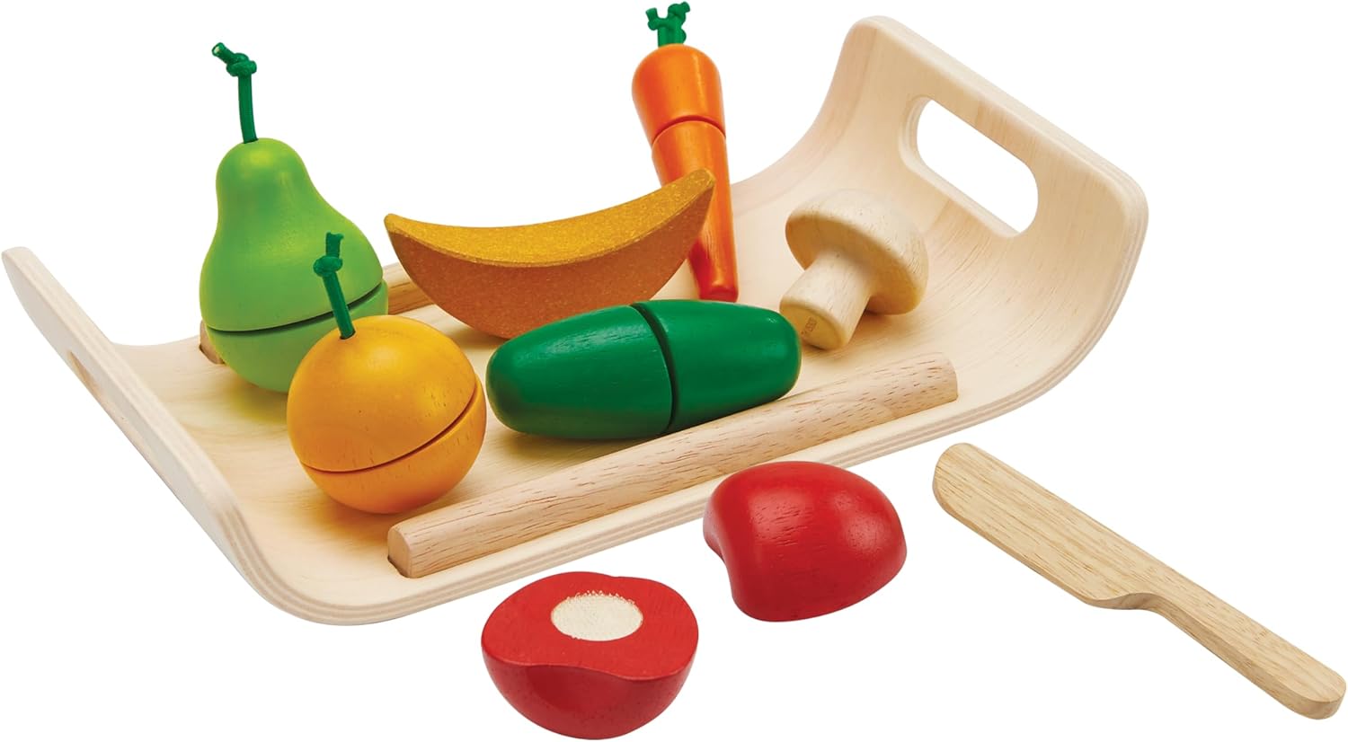 PlanToys® Wooden Fruits & Vegetables Cutting Set | Montessori-Inspired Play Food for Toddlers | Pretend Play Kitchen Toy with Knife and Tray | Educational Fine Motor Toy