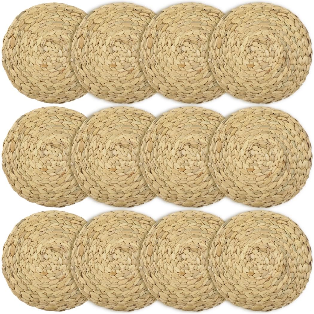 Set mit 12 runden Rattan-Tischsets, 30 cm, handgewebt, Wasserhyazinthe, hitzebeständig, rustikale Tischmatten für Küche, Esszimmer, rutschfest