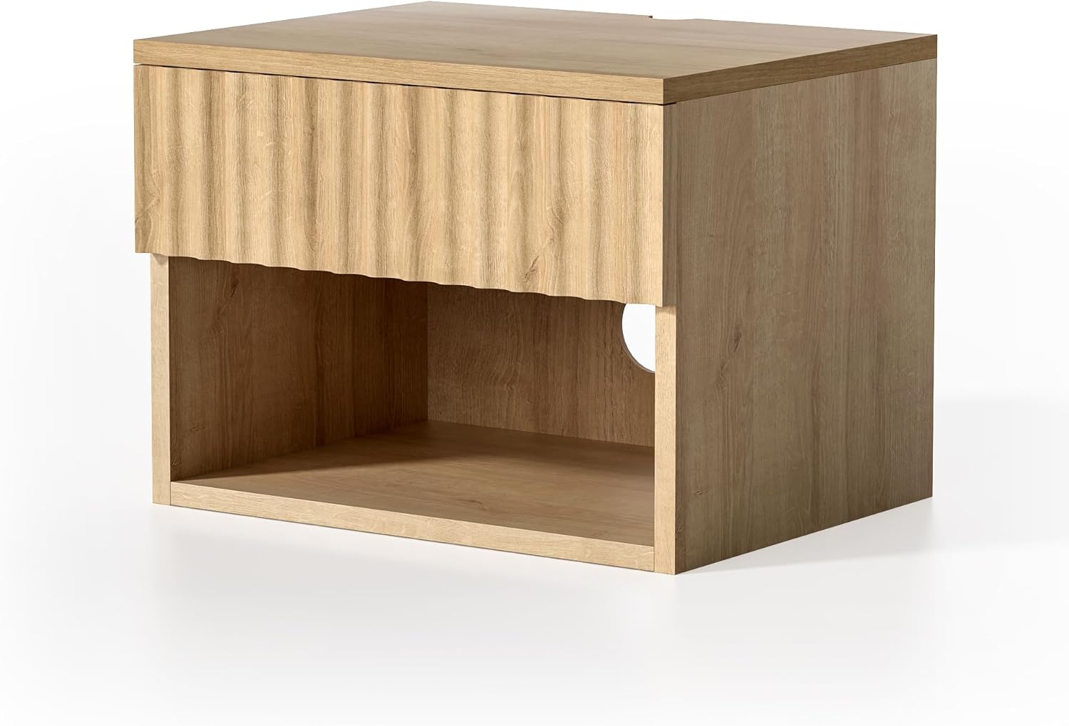 Fluted TV Stands Set of 4, Modern Small Floating Nightstand with Drawer and Open Storage Shelf Night Stand Wall Mounted Bedside Tables Natural Oak