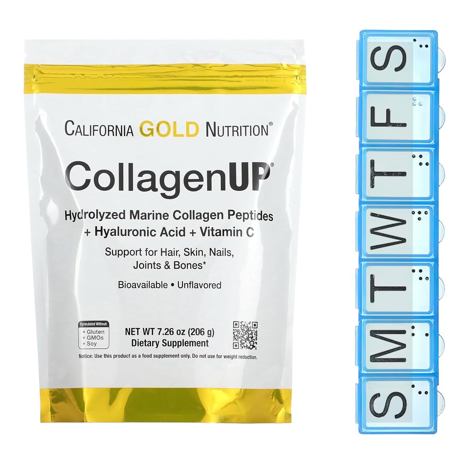La California Gold Nutritiоn CollagenUP integratore in polvere a base di peptidi di collagene marino, acido ialuronico e vitamina C per salute di capelli pelle unghie ossa 206g + A&M Portapillole 1pz