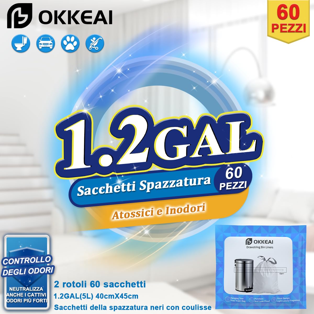OKKEAI 60 Sacchetti Cestino con Coulisse, Buste Spazzatura 5L Neri Sacchetti Spazzatura Piccoli, Estrazione Semplice Senza Strappo, Antistrappo Anti-Perdite, Ideali per Bagno, Ufficio, Camera, Auto