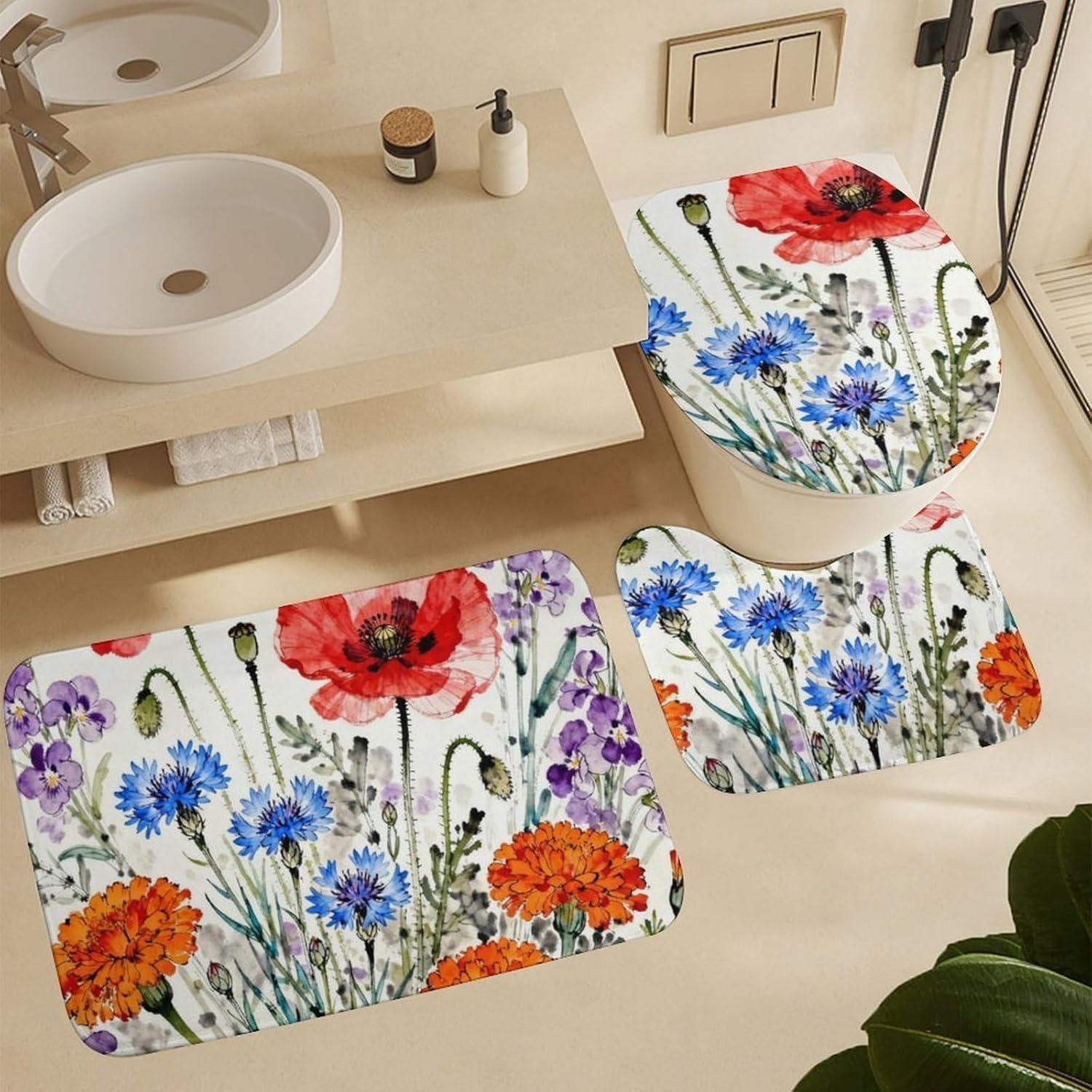 4 Piece Bathroom Rug Set with Shower Curtain, Non-Slip Bath Mat Toilet Cover Set, Wisteria Cascade Bathroom Rug Sets