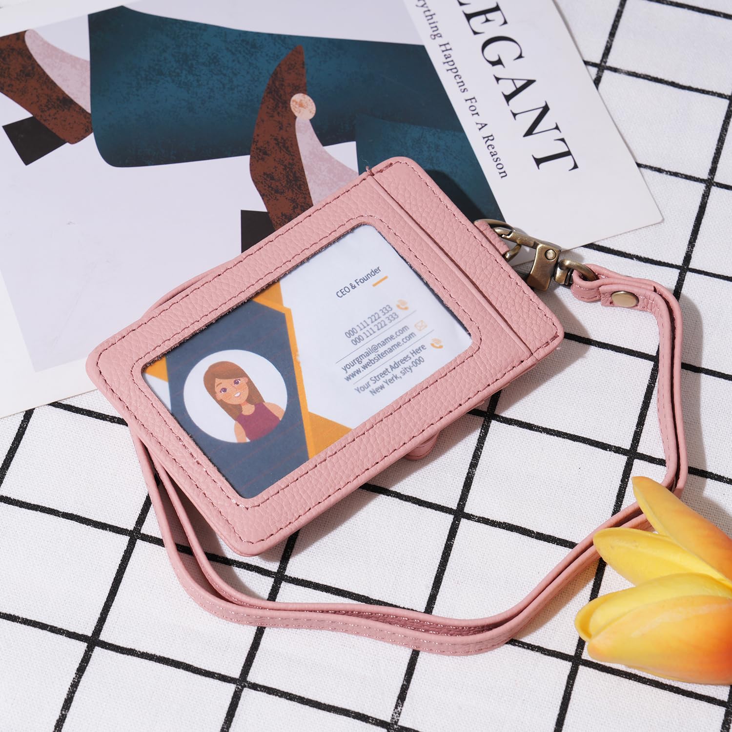 Wason ID Badge Holder with Genuine Leather Case, Detachable Neck Lanyard, Hand Strap, Retractable Badge Reel - Image 3