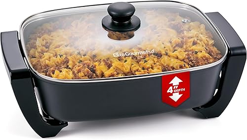 Elite Gourmet EG2615 - Sartén eléctrica de 15 x 12 x 4 pulgadas, plato extra profundo duradero, cerámica antiadherente Ceralast sin PFAS, calor
