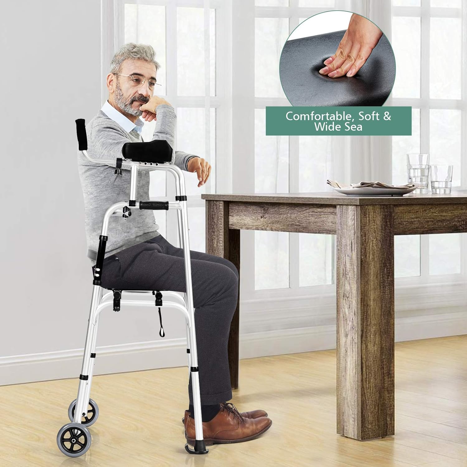 Goplus Foldable Standard Walker, Lightweight Aluminum Alloy Rehabilitation Auxiliary Walker w/ 5" Wheels, Arm Rest Pad & Foldable PU Seat Cushion, Height Adjustable Elderly Walking Mobility Aid : Health & Household