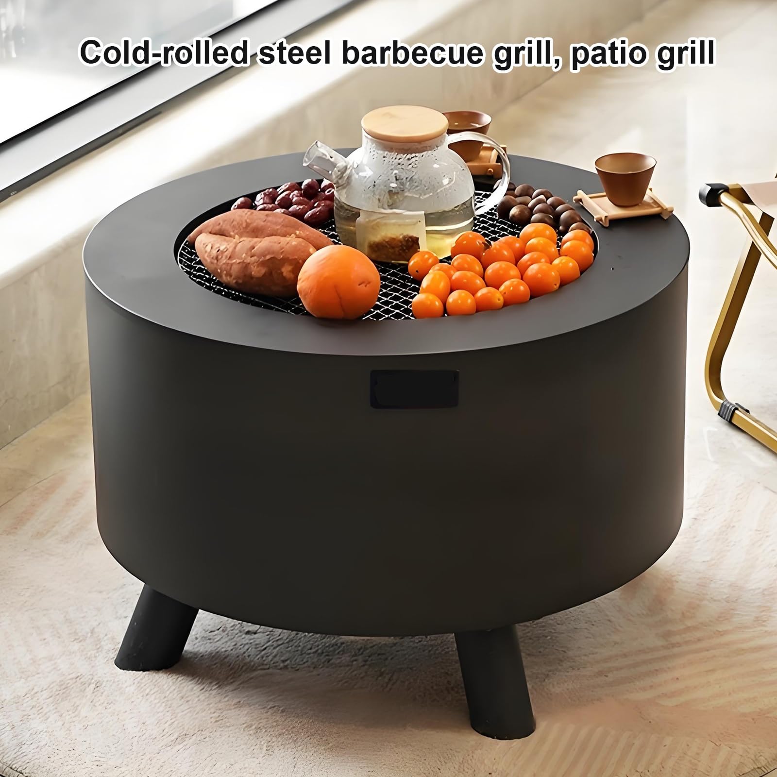 Stufa a Legna da Campeggio 60cm In Acciaio Al Carboniobraciere Portatile con Riscaldamento a 360°, Griglia e Piano Tavolo per Esterni e Giardino