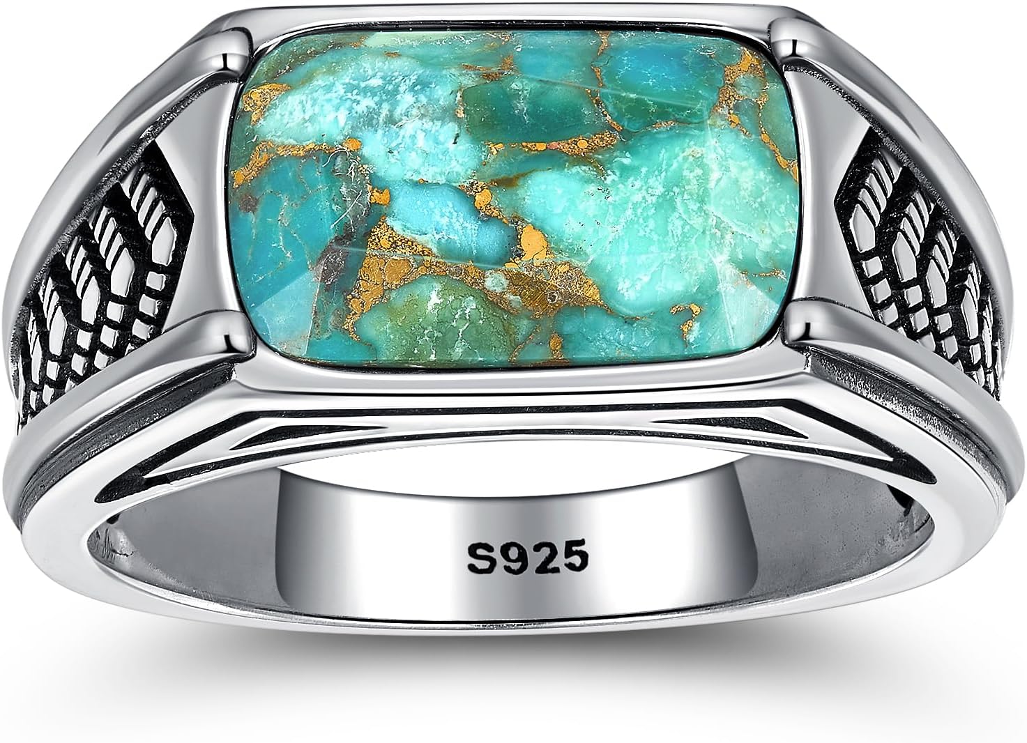 925 Sterling Silver Mens Teal Turquoise/Synthetic Black Onyx Rings Handmade Arrow Design Band Width 3.5mm Anillos de Hombre Thumb Ring for Birthday Jewelry Gift, Size 8-12 - Image 3