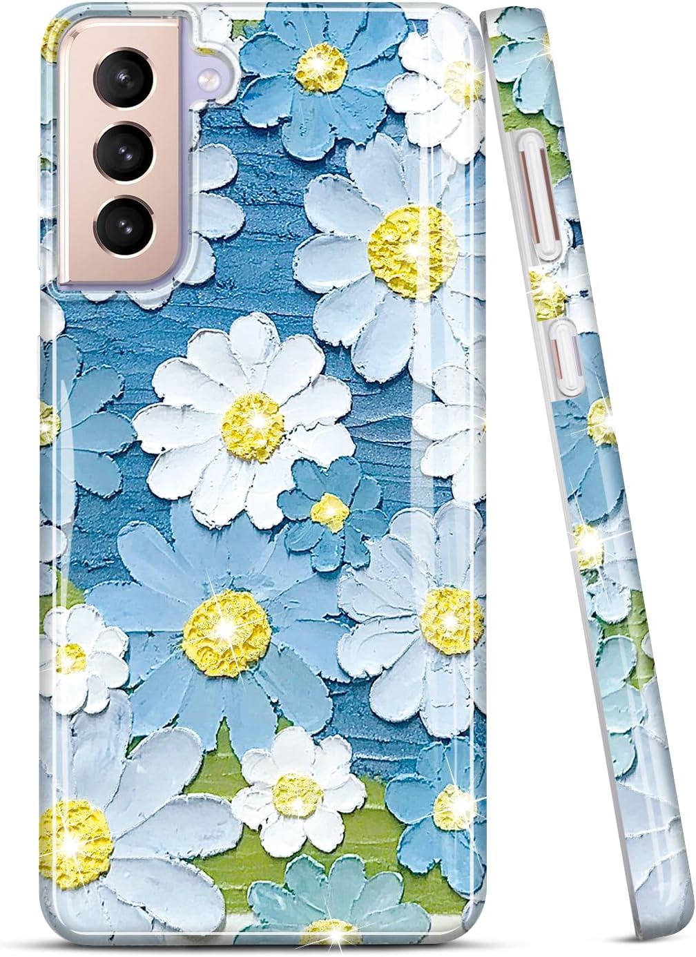 Galaxy S21 Case Sparkle Glitter Retro Oil Painting Printed Flower Design Slim Shockproof TPU Soft Cover Phone Case for Samsung Galaxy S21 5G Daisy Blue