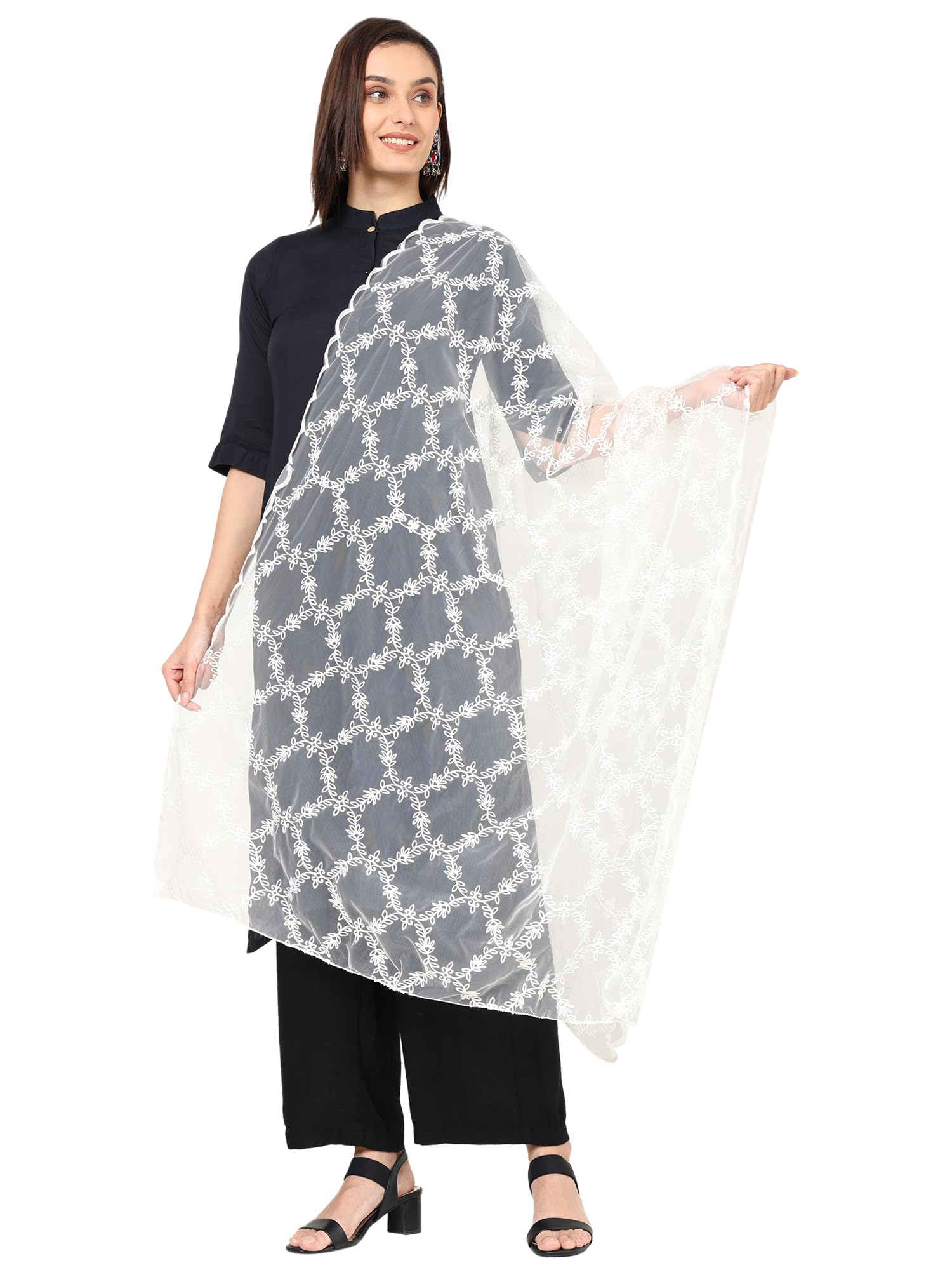 Weavers Villa Women's Net Floral Embroided Dupatta, Chunni (White Net), 2.20 Mtrs