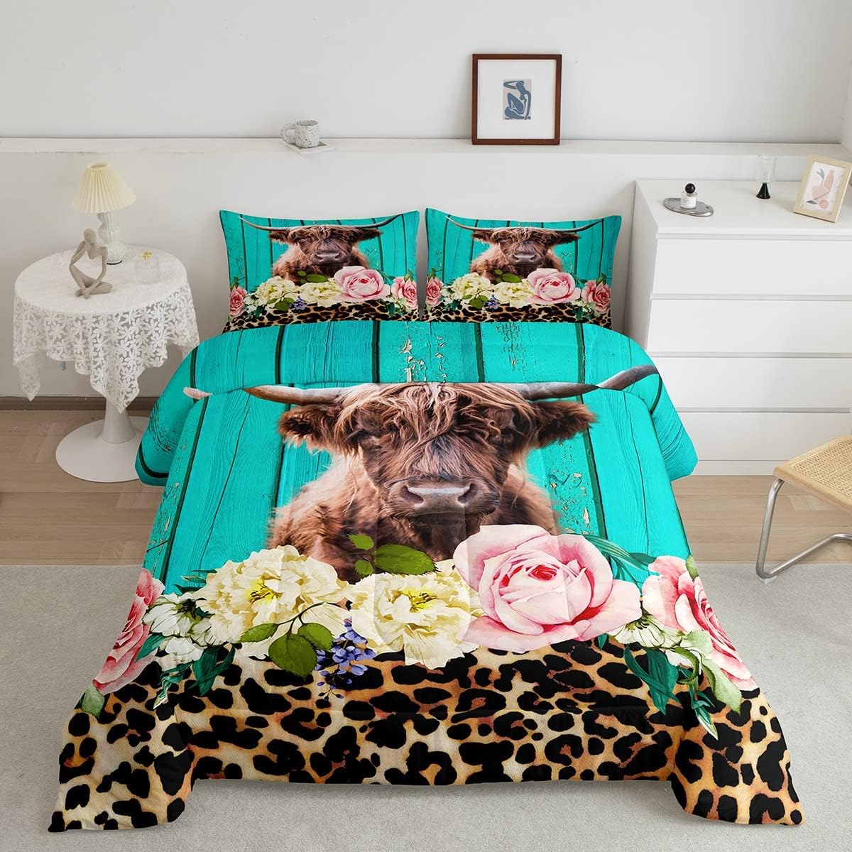 Highland Cow Bedding Set Leopard Floral Comforter Set for Kids Boys Girls Brown Safari Cheetah Animal Skin Comforter Teal Blue Wooden Decor Quilt Set Room Decor 3Pcs Full Size Multi 35 Full