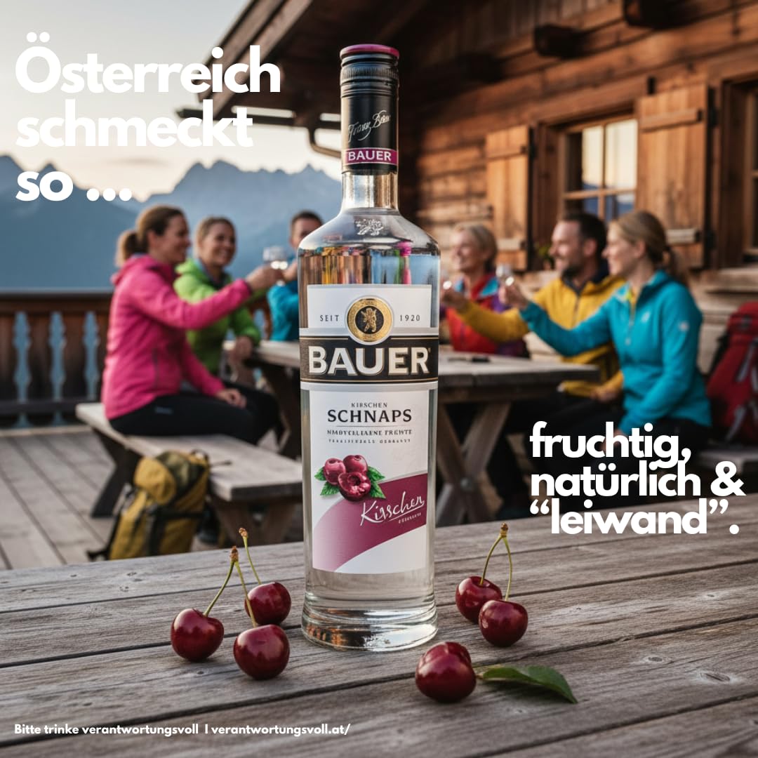 Bauer Kirschschnaps - Der fruchtige Klassiker für besondere Genussmomente - Obstbrände aus Österreich seit 1920 - Kirschen Schnaps Geschenk Idee (1 x 0,7L)