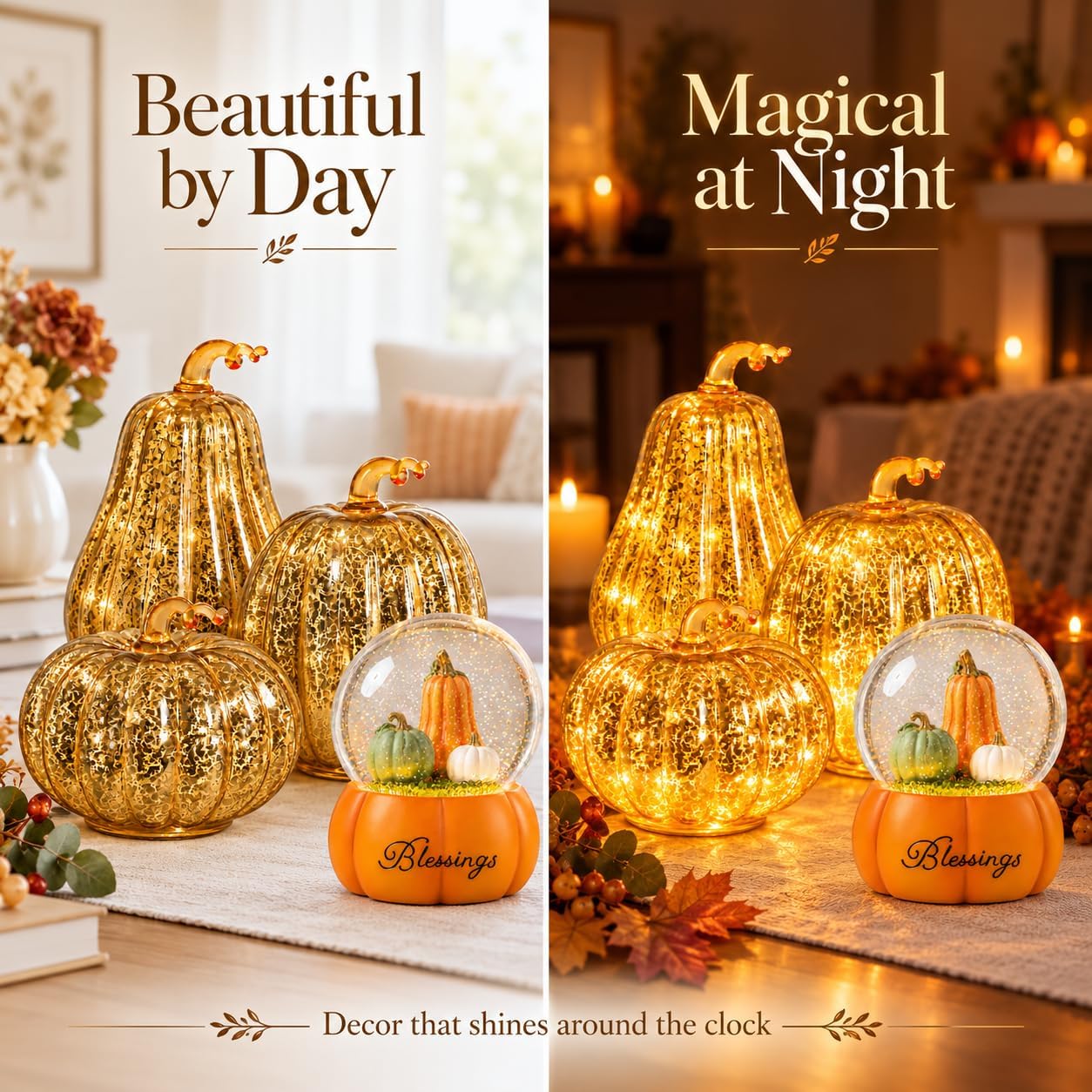 Bdor Lighted Glass Pumpkin Set & Pumpkin Snow Globe, Fall Decor Bundle image 4