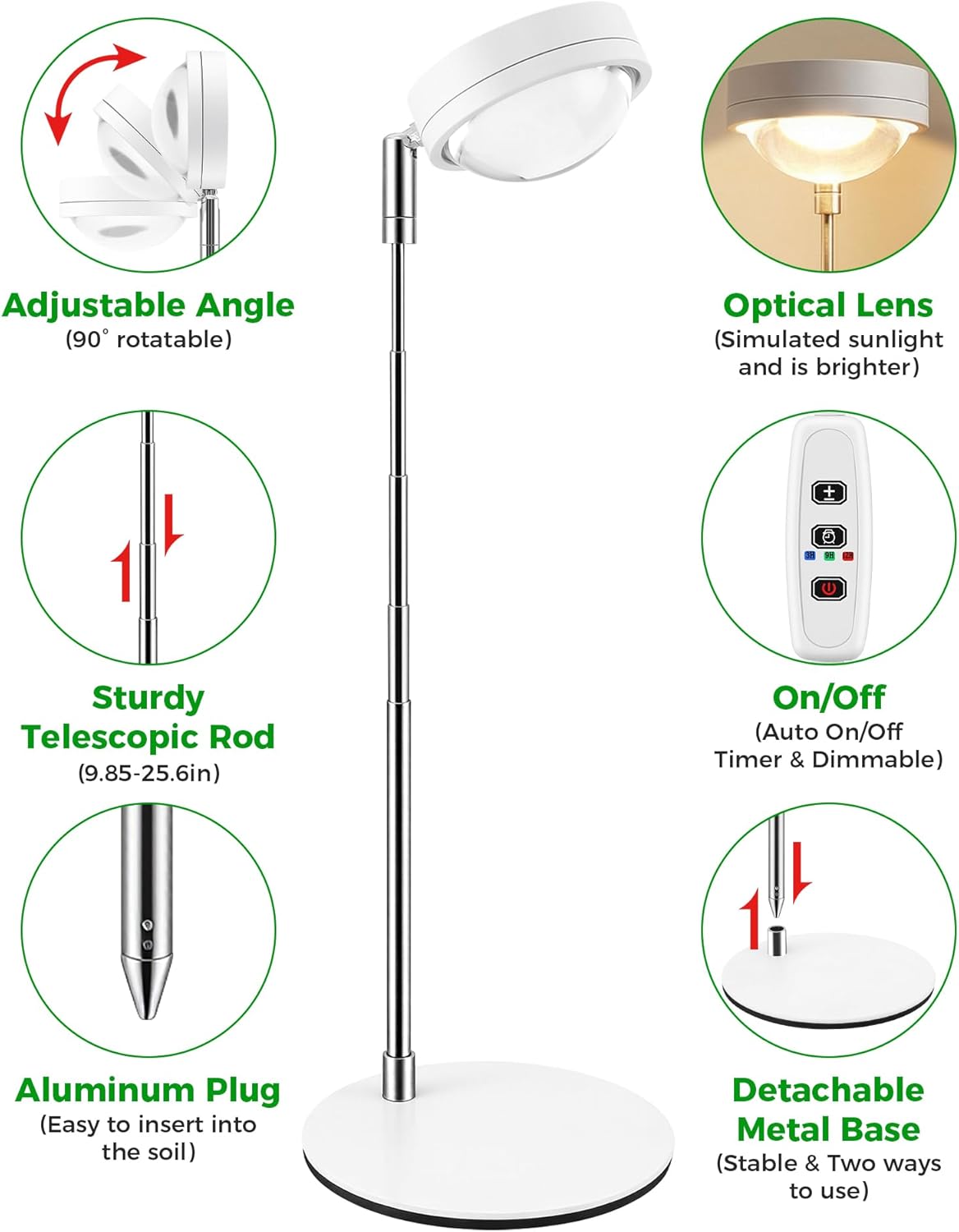 Plant Grow Light, Full Spectrum Grow Lights LED Spotlight with Metal Base, Desk Plant Growing Lamps with Auto On Off Timer 3/9/12H, 6 Brightness Levels, 9.8-25.6'' Adjustable Height