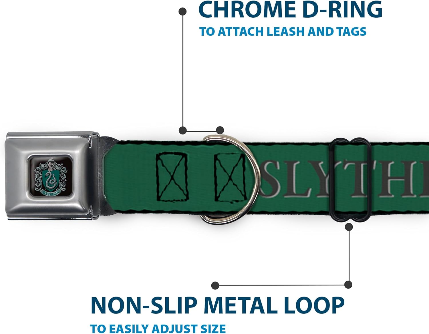 Dog Collar Seatbelt Buckle Harry Potter Slytherin Crest Green Black 20 to 31 Inches 1.5 Inch Wide