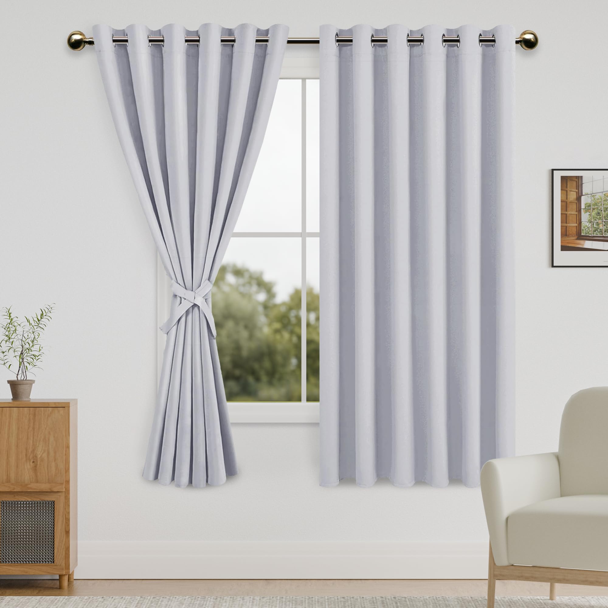 DWCN Room Darkening Curtains for Bedroom, 70 x 63 Inches - Thermal Insulated & Energy Saving Window Drapes for Living Room/Kids Room, Set of 2 Panels Sewn with Tiebacks, Greyish White