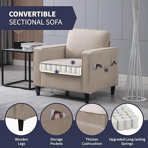 Miniatura 25 de Sillón moderno, sofá individual, tapizado, cómodo sillón de lino con 4 bolsillos de almacenamiento, silla de sala de estar, dormitorio, silla para