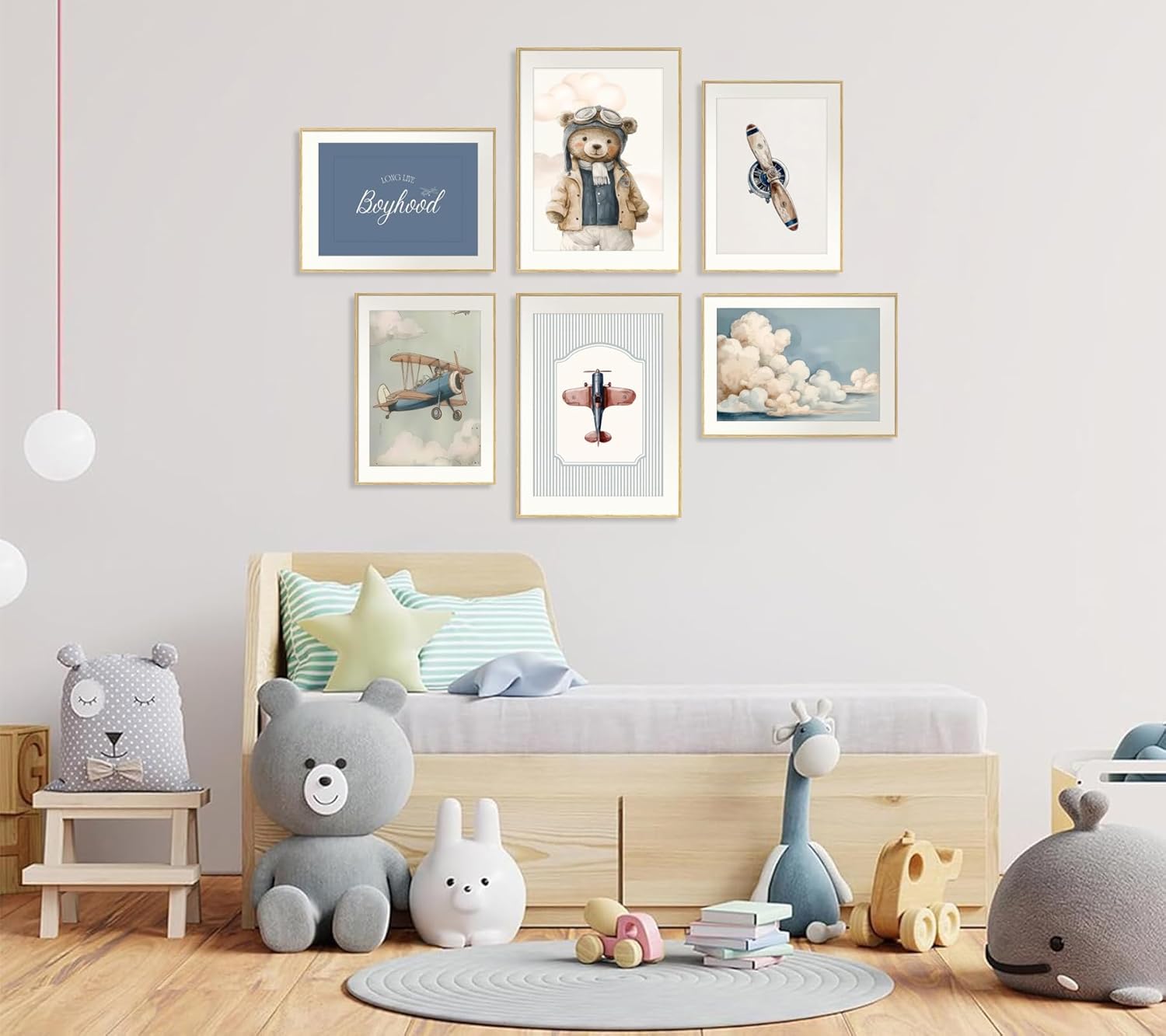 6Pcs Vintage Teddy Bear Nursery Canvas Wall Art Funny Navy Blue Bear Posters Print Artwork Airplane Aviation Painting Pictures Wall Decor for Playroom Kids Room Home Decoration 12x16in Unframed