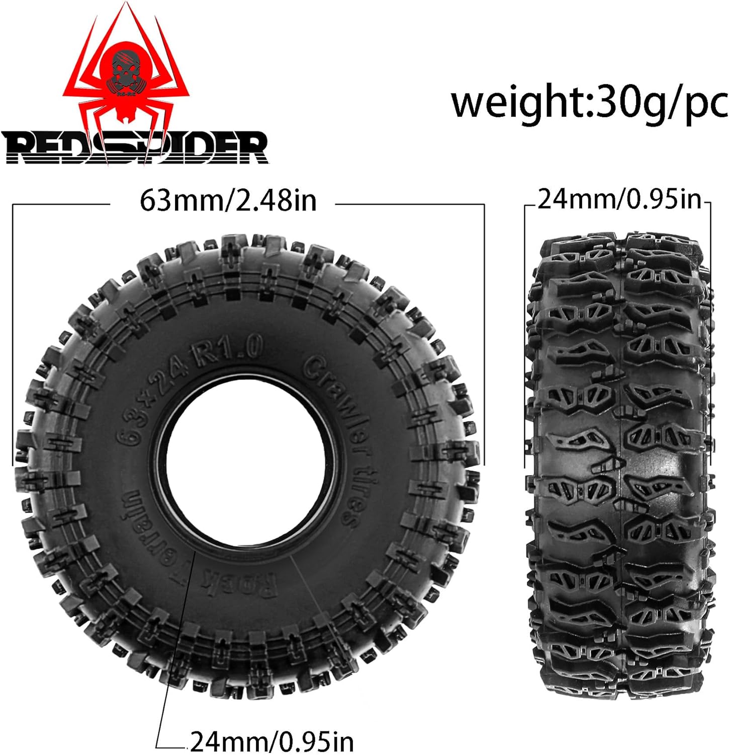 REDSPIDER•Rubber 1.0'' Crawler Tires OD 2.48'' for 1/24 1/18 RC Crawler Car scx24 trx4m fcx24 tires