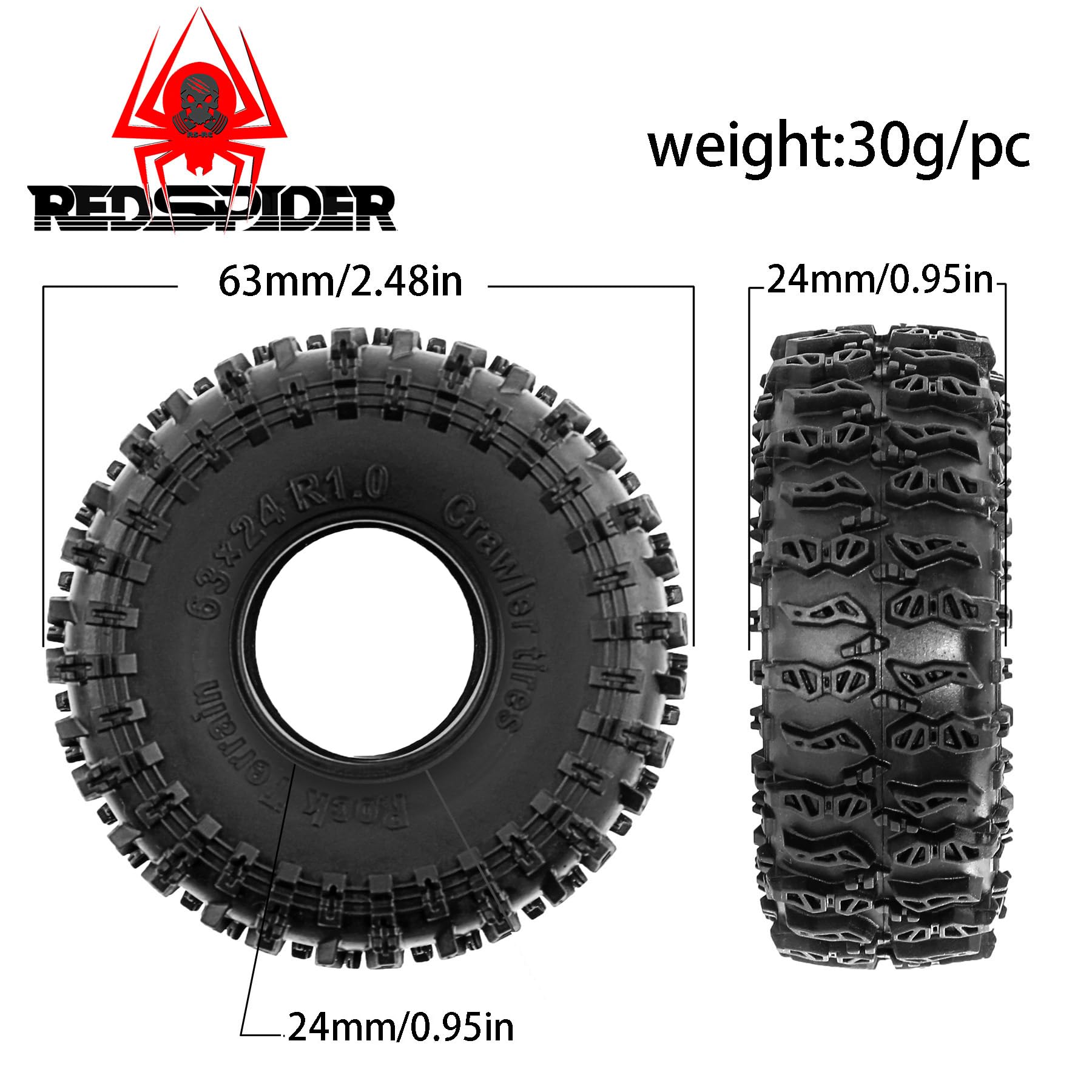 REDSPIDER•Rubber 1.0'' Crawler Tires OD 2.48'' for 1/24 1/18 RC Crawler Car scx24 trx4m fcx24 tires