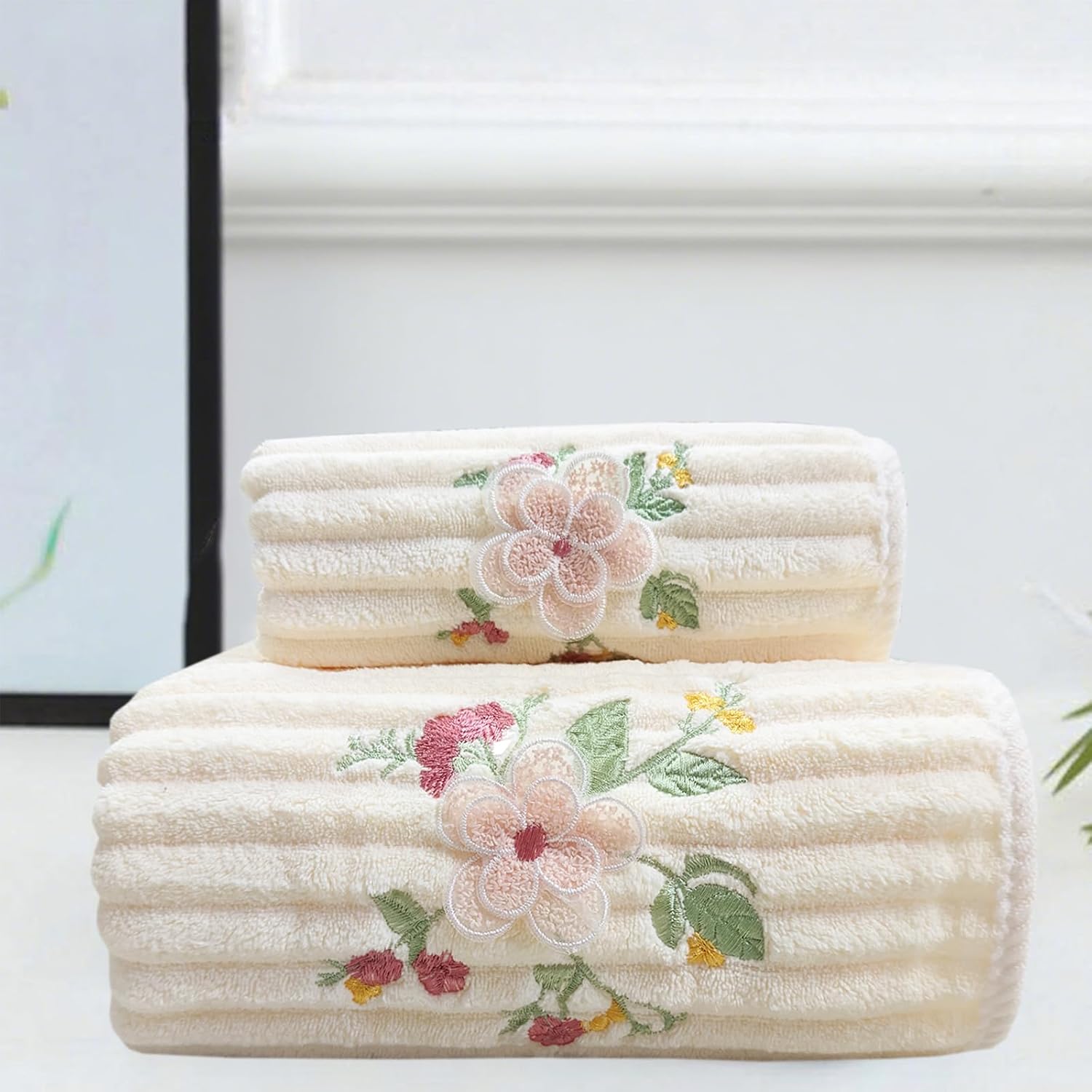 ABREEZE Embroidered Peony Flower Towel Set,White,2pc Coral Fleece Soft and Fluffy Absorbent Towels for Gym and Bathroom(1 Bath Towel,1 Hand Towel)