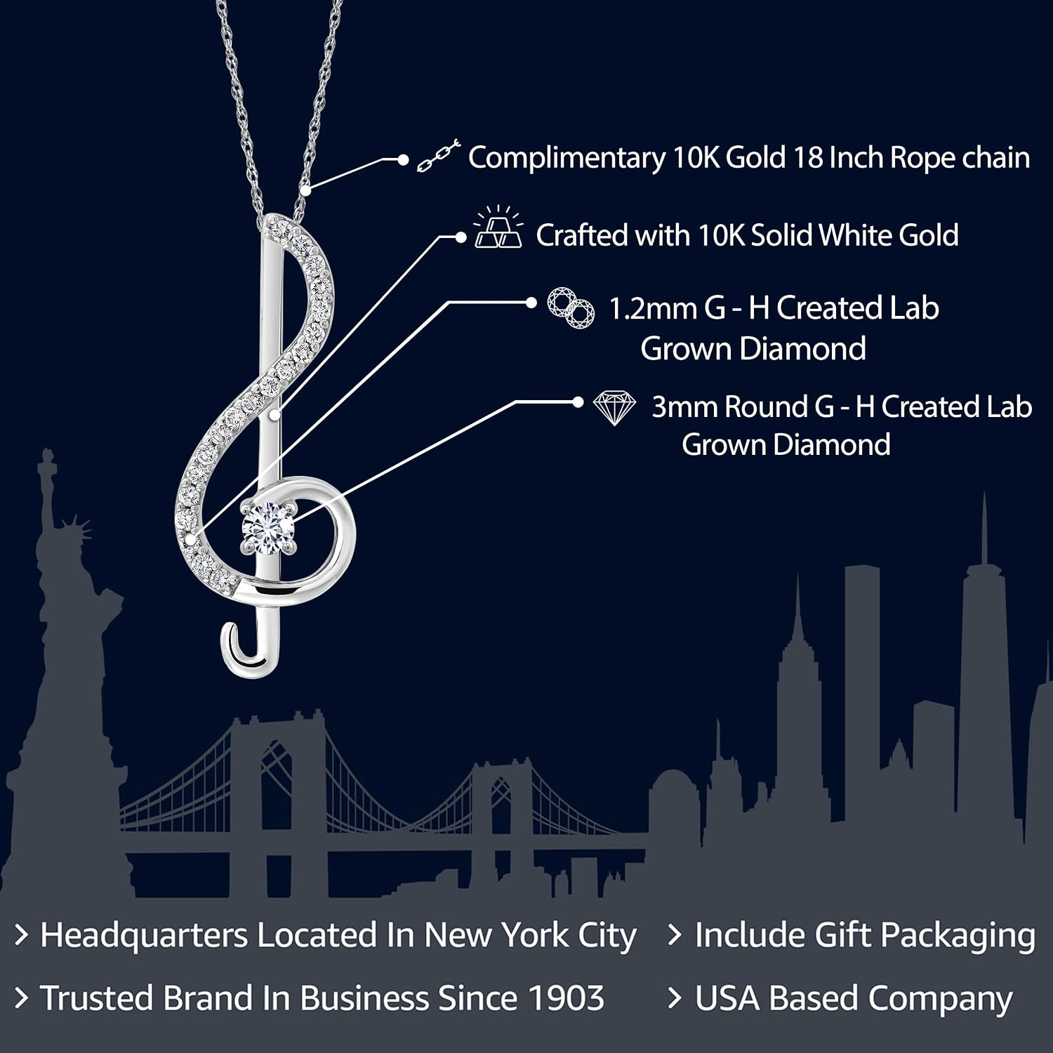 Gem Stone King Music Treble Clef Pendant Necklace for Women | 10K White Gold | 3MM Round White Lab Grown Diamond | By Keren Hanan | 0.25 Cttw | With 18 Inch Gold Chain
