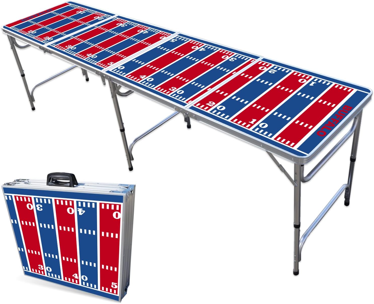 8-Foot Folding Portable Pong Table w/Optional Cup Holes & LED Lights - Buffalo Football Field (Choose Your Model)