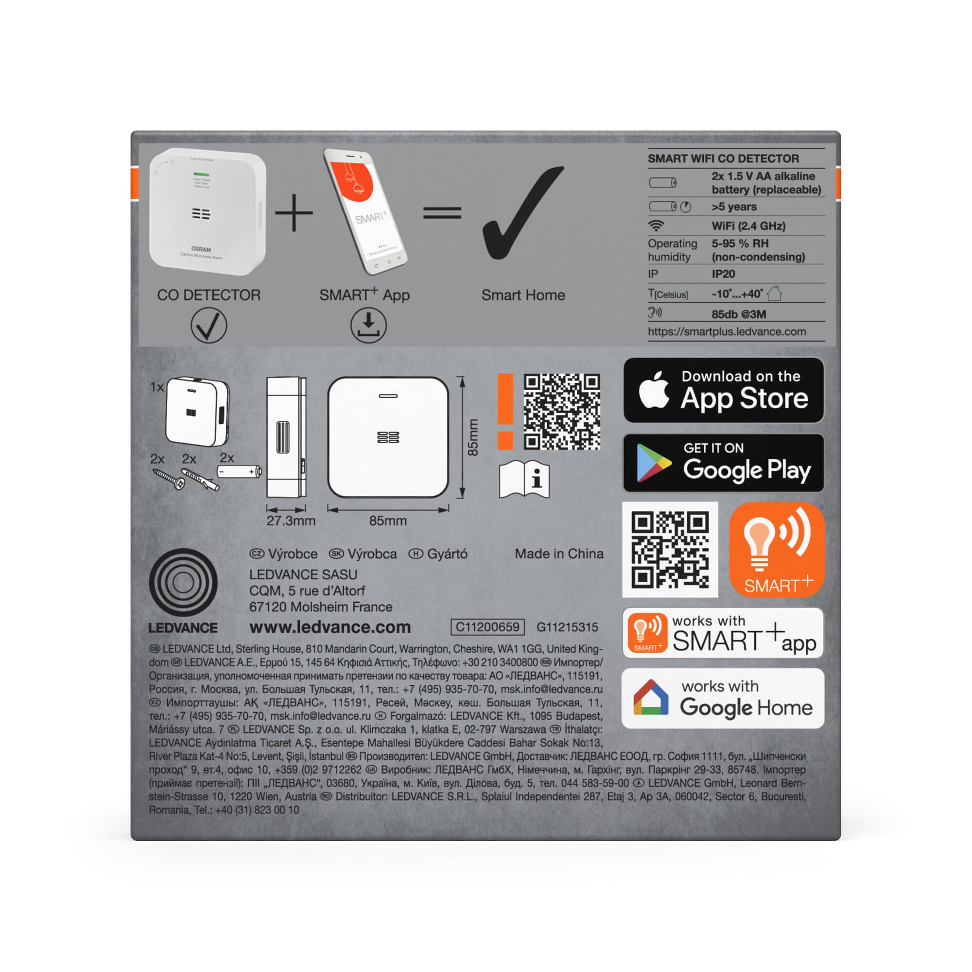 OSRAM SMART+ WiFi Kohlenmonoxidmelder in Weiß, 1er-Pack, EN 50291, IP20-Schutz, für den Innenbereich geeignet