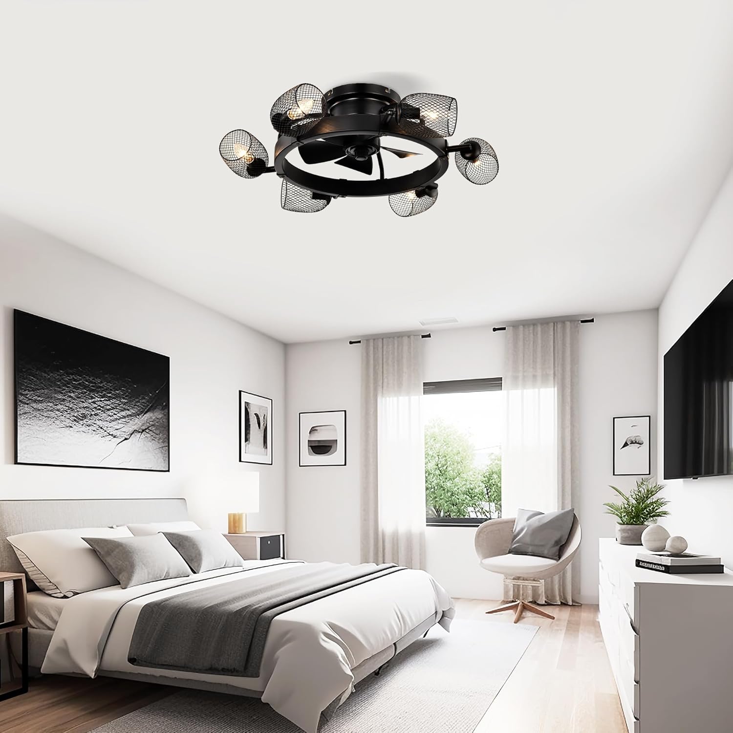 25.8'' Industrial Ceiling Fan with Remote Control,5 ABS Blades Small Size Ceiling Fan for Living Room, Dining Room, Bedroom, Family Room, Matte Black,6 PCS*E26 (Does Not Include Light Bulbs)