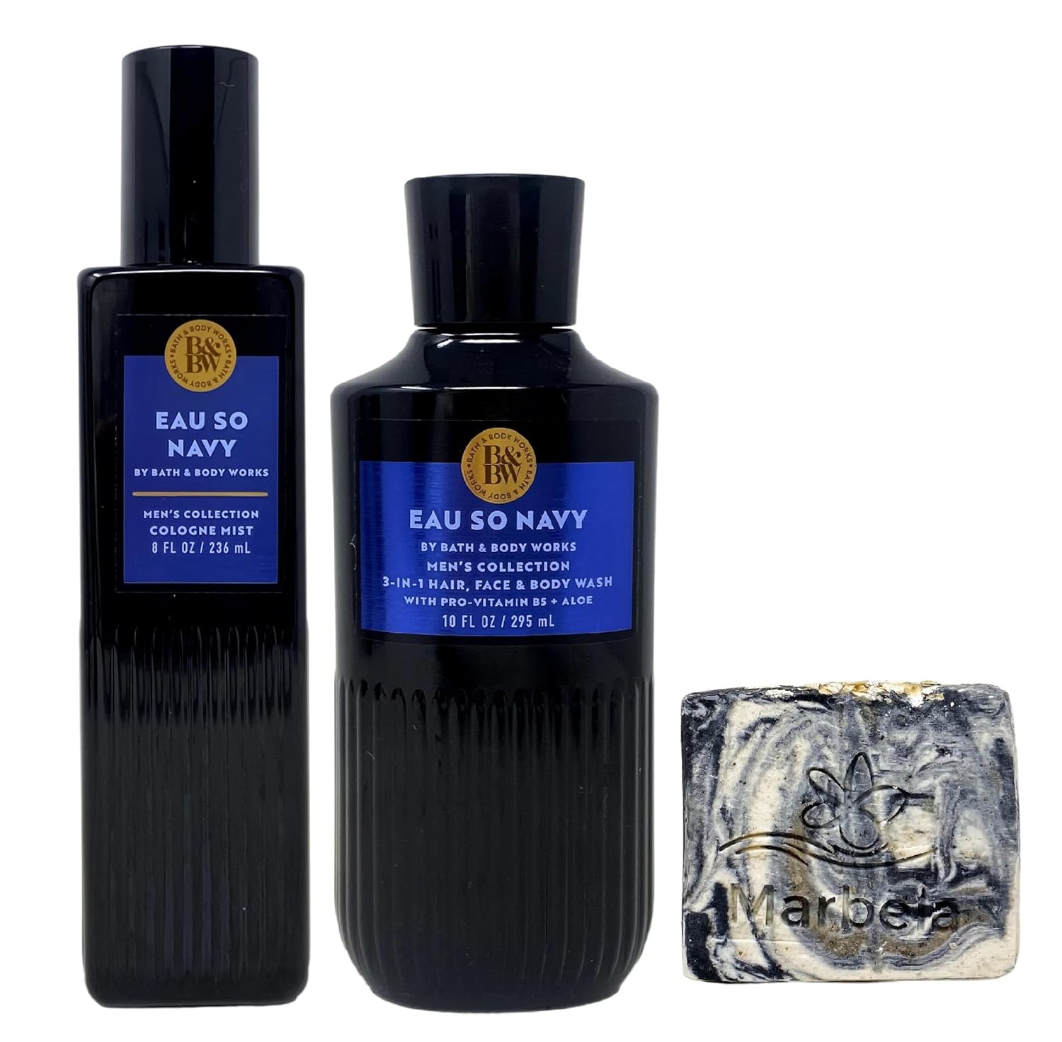 Bath & Body Works Men's Collection Eau So Navy Cologne Mist and Body Wash Duo Set with a Charcoal Scrub Bar Soap - Full Size