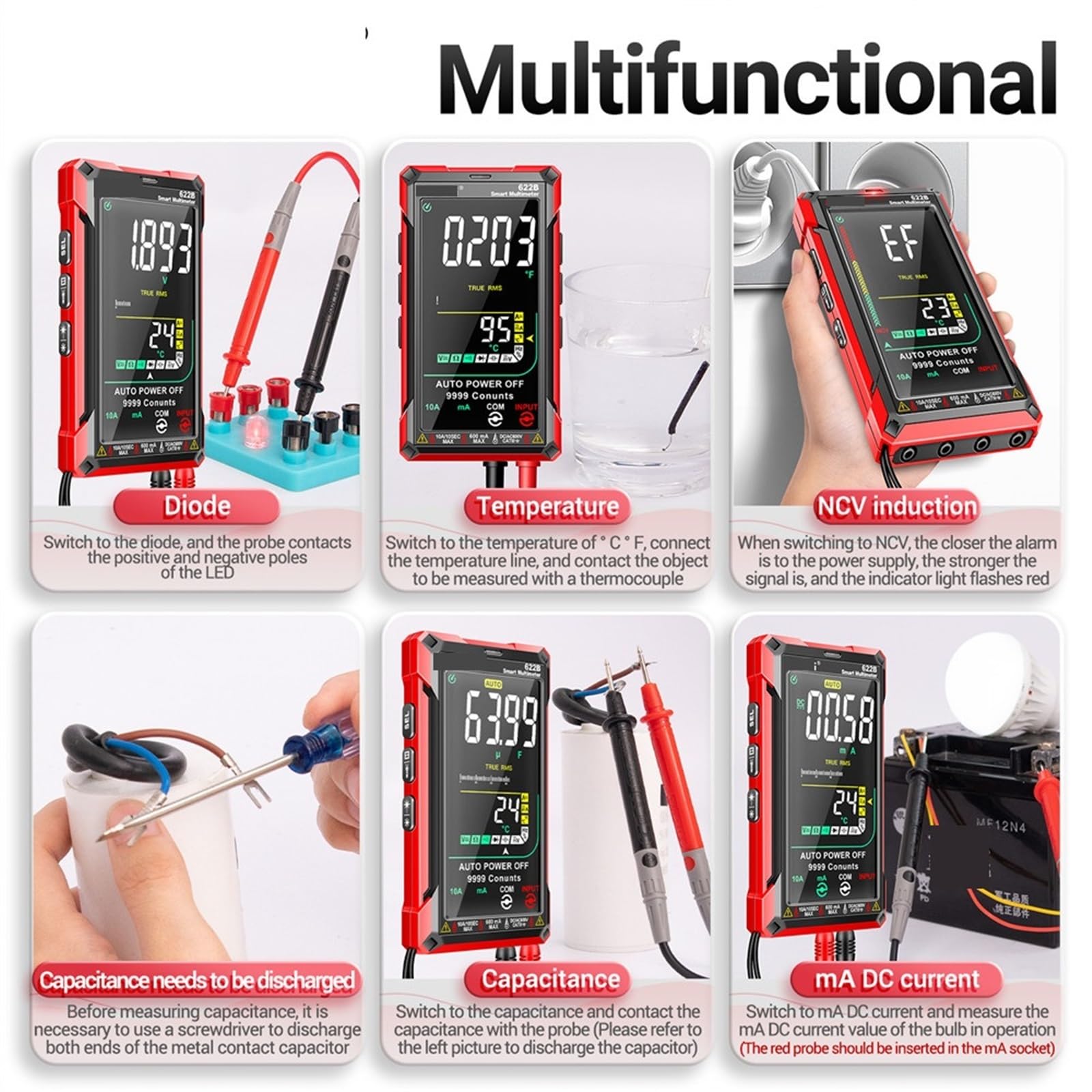 Multímetro Digital Inteligente con Rango automático, Voltaje CA RMS Verdadero, 9999 Cuentas, Resistencia, ohmios, capacitancia, Hz, comprobador de medidor