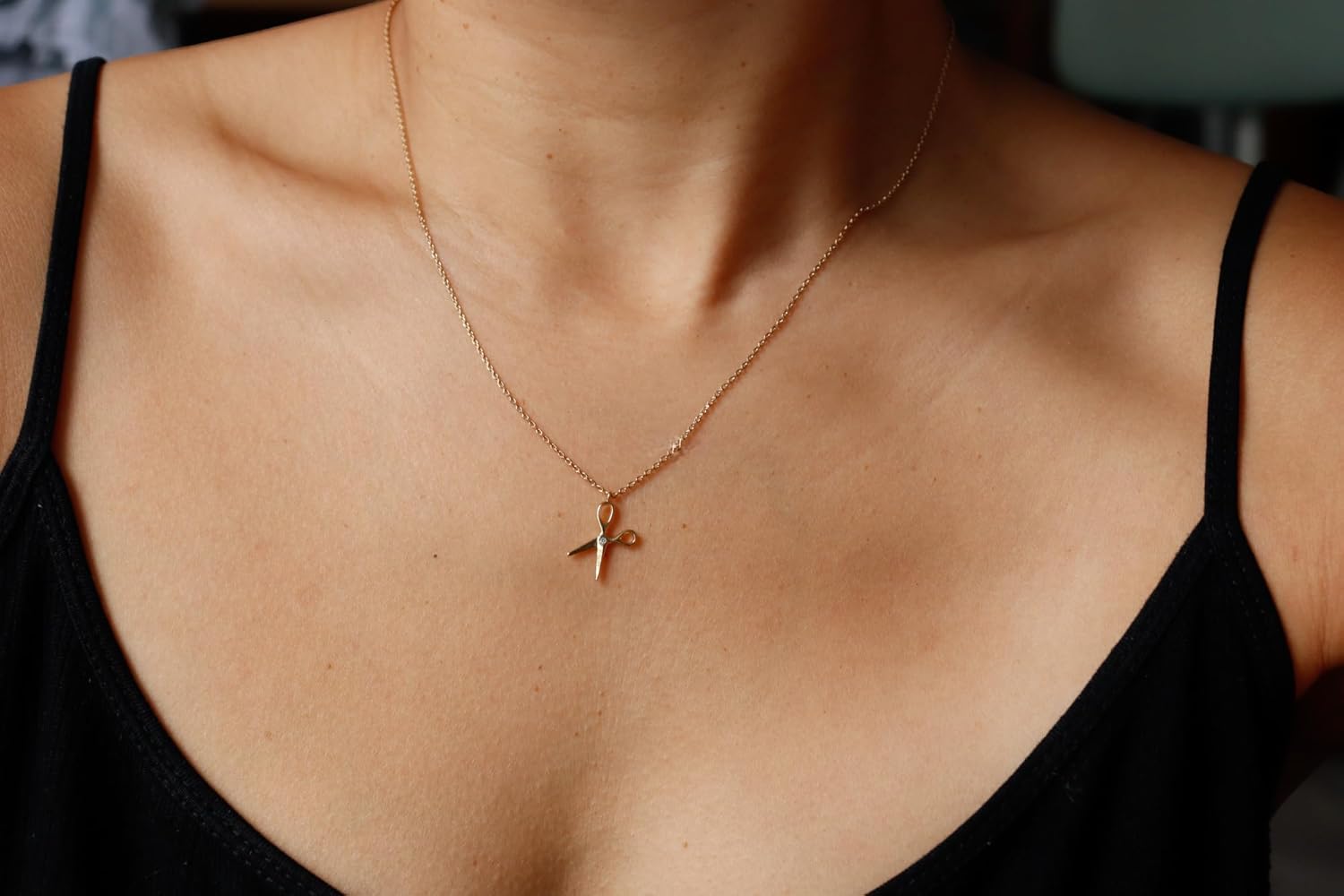 Realistic Scissor Charm necklace with Single Crystal, 18K Gold Plated Brass Jewelry, Hair Stylist Pendant Perfect Gift by Emma's Gems