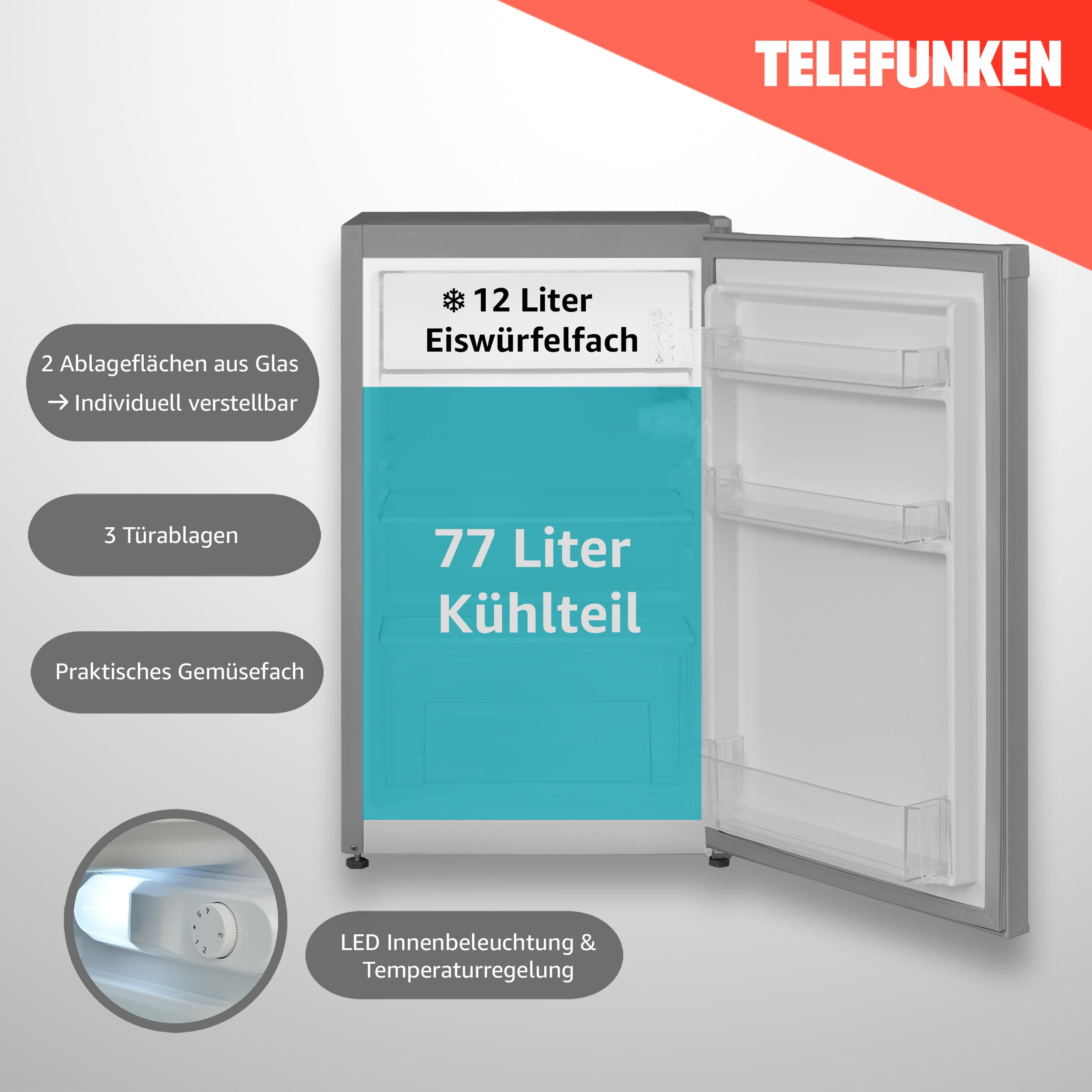 TELEFUNKEN Kühlschrank mit Gefrierfach (nur für Eiswürfel) | Freistehend | 89 Liter Nutzinhalt | Kühlschrank klein mit Gemüsefach | LED-Beleuchtung | Türanschlag wechselbar | CF-33-101-S2 silber