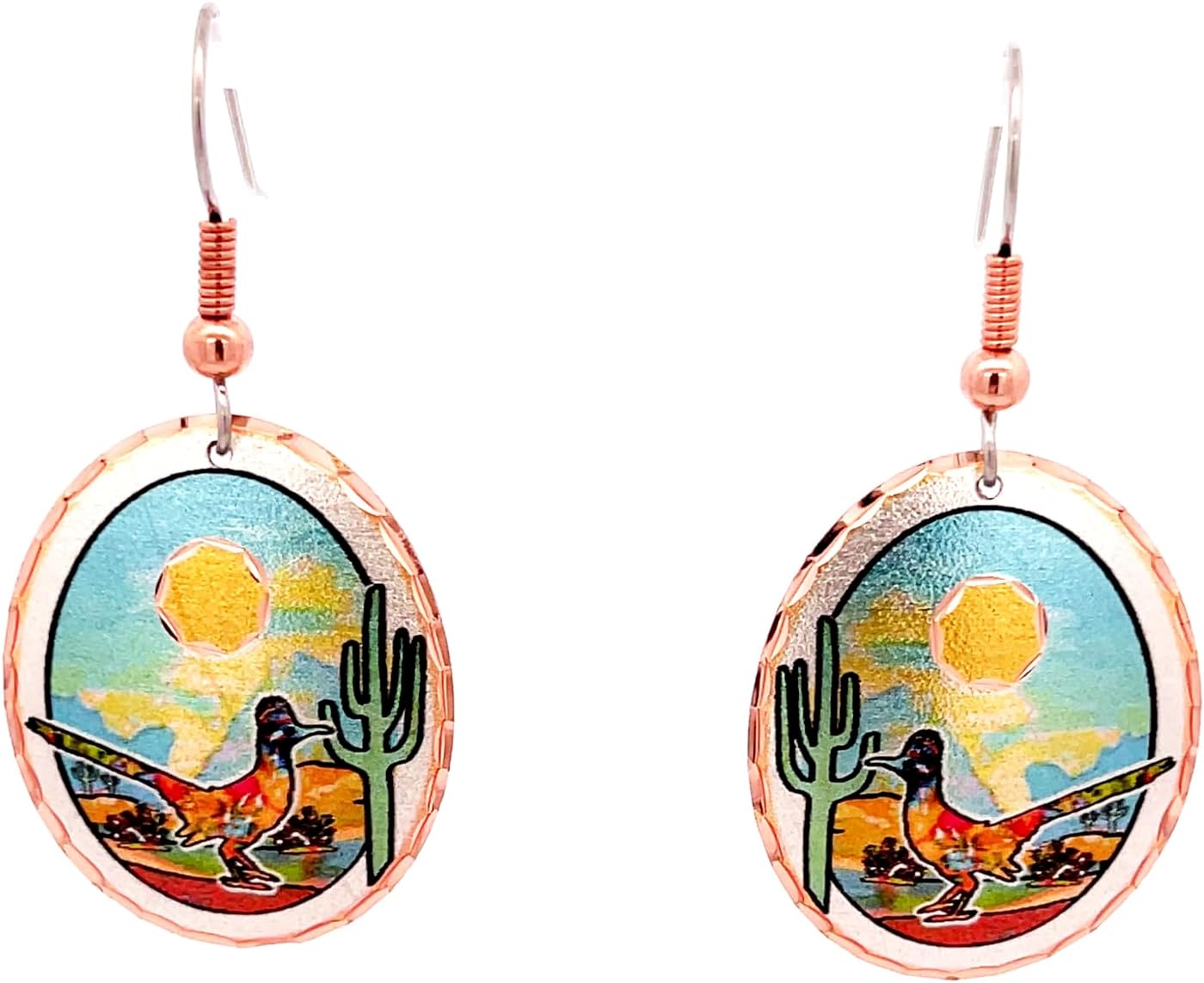 FRONT LINE JEWELRY Southwestern Roadrunner Earrings – Handcrafted Copper & Colorful Designs with Cactus & Roadrunner Motif – Boho Western Jewelry Gift for Her