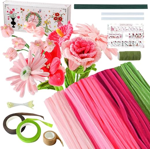 Pipe Cleaners Craft 5 Colors,Chenille Stems Plush Craft Kit,Pink Pipe Cleaners Flowers Kit with Floral Tape for Wedding Gifts Graduation Bouquet JollyPetal&Twig (Pink)
