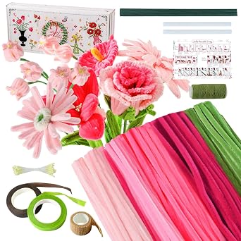 JollyPetal&Twig Pipe Cleaners Craft 5 Colors,Chenille Stems Plush Craft Kit,Pink Pipe Cleaners Flowers Kit with Floral Tape for Wedding Gifts Graduation Bouquet Pink