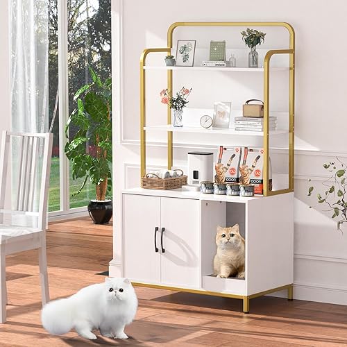 Miniatura 8 de EasyCom Mueble de caja de arena para gatos, mueble oculto para gatos con 3 estantes de almacenamiento, armario grande para gatos con almohadilla