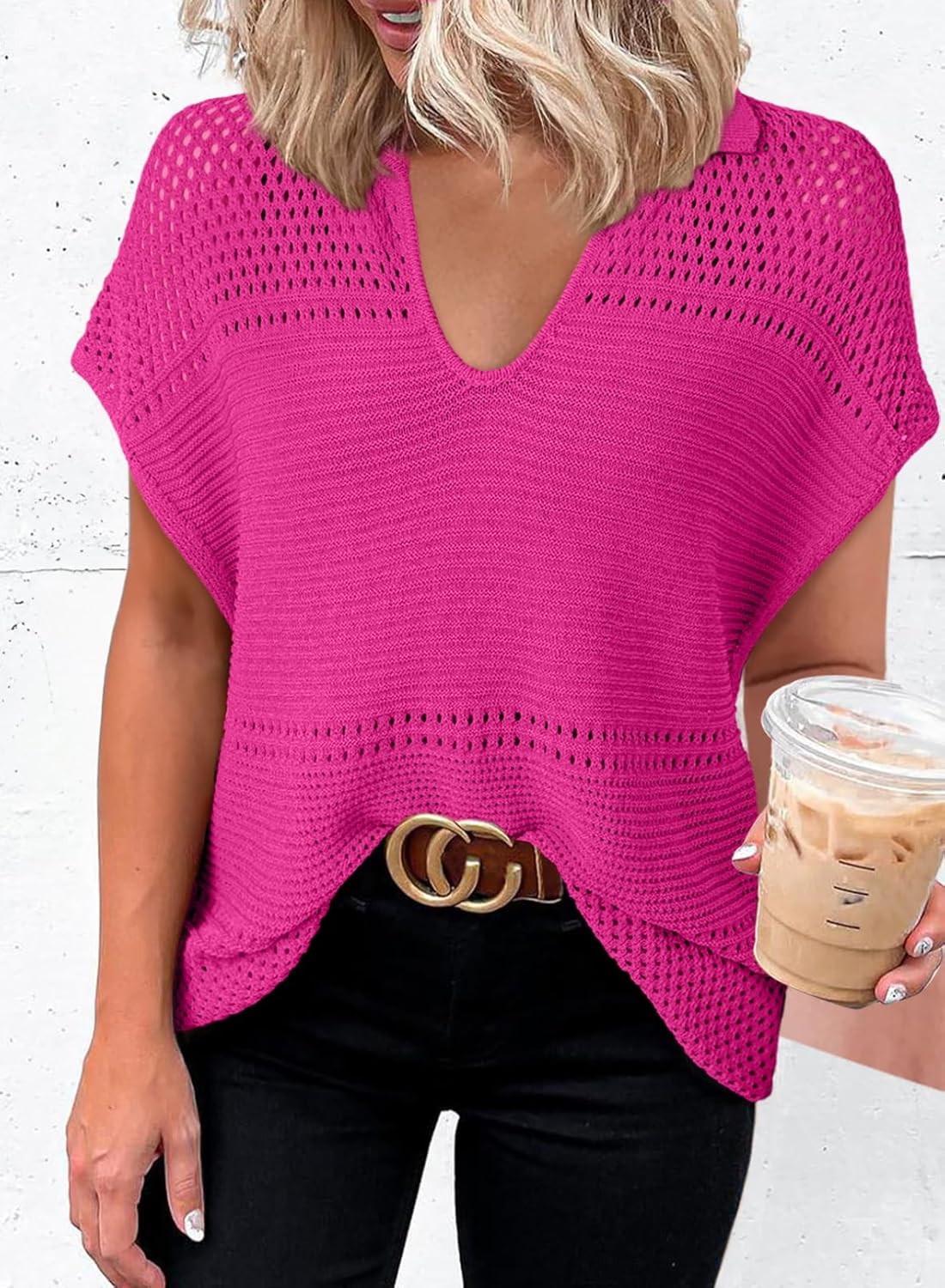 Dokotoo Womens Tops 2026 Summer Spring Casual V Neck Short Sleeve Sweater Crochet Tops Casual Dressy Blouses - Image 3