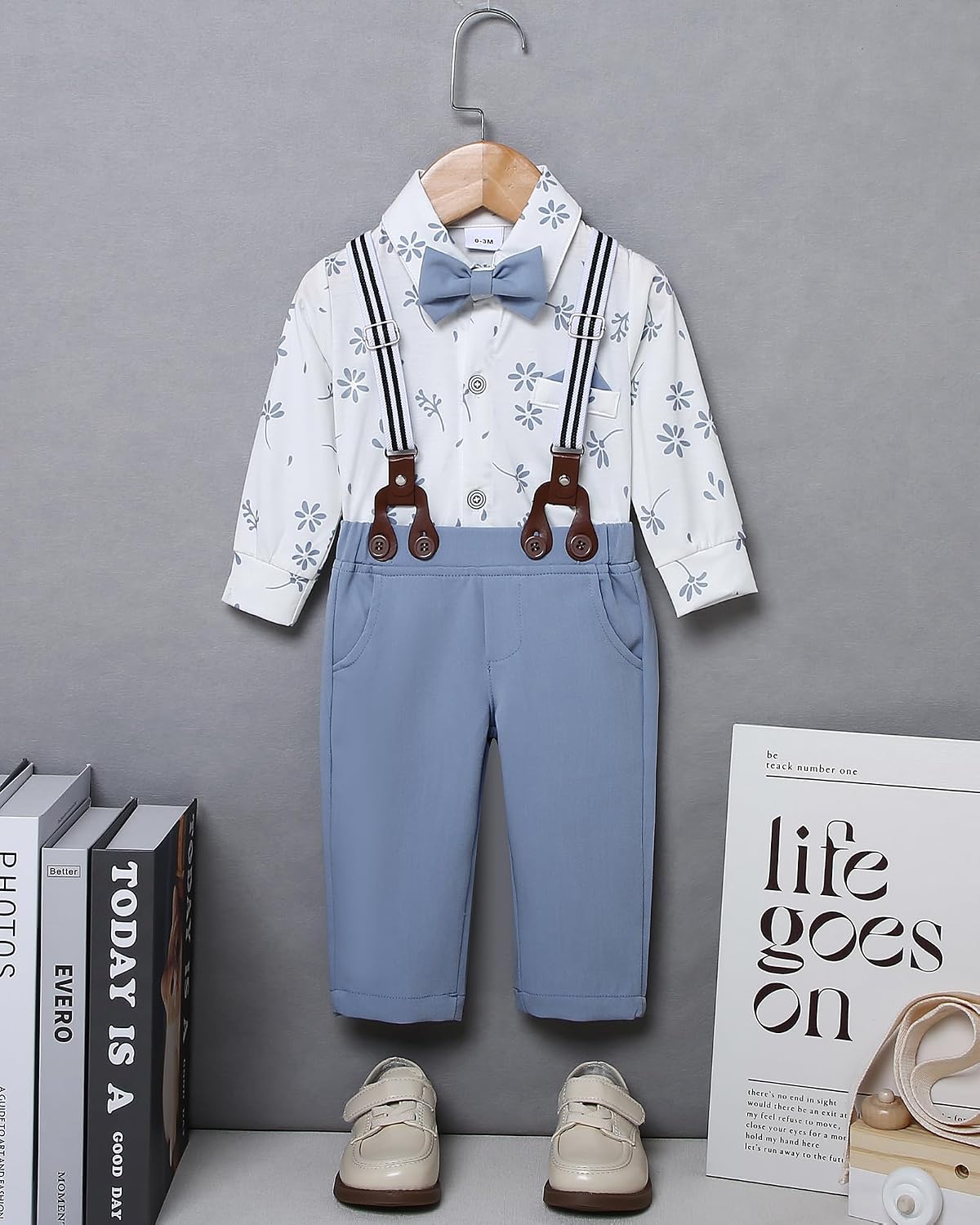 SANMIO Baby Boy Clothes Suit 0-24M Boys Baptism Easter Outfits Baby Shirt+Bow Tie+Pants+Suspenders 4Pcs Christmas Wedding Set