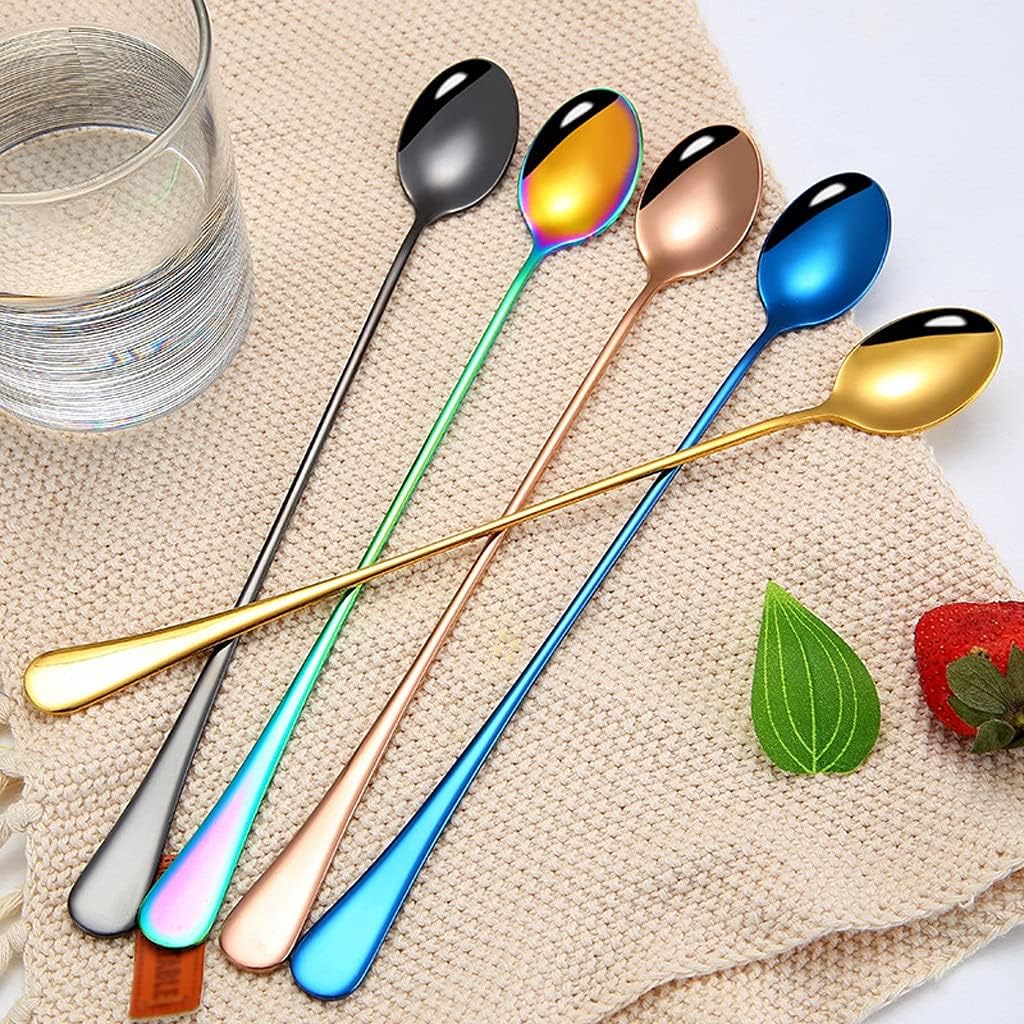 Tea Spoons Stainless Steel Mixing Spoon Cake Dessert Spoon Teaspoon, Thickened Long-Handled Soup Spoon Ice Tea Spoons (Color : A, Size : 5 Pieces) (Blue 5 Pieces)