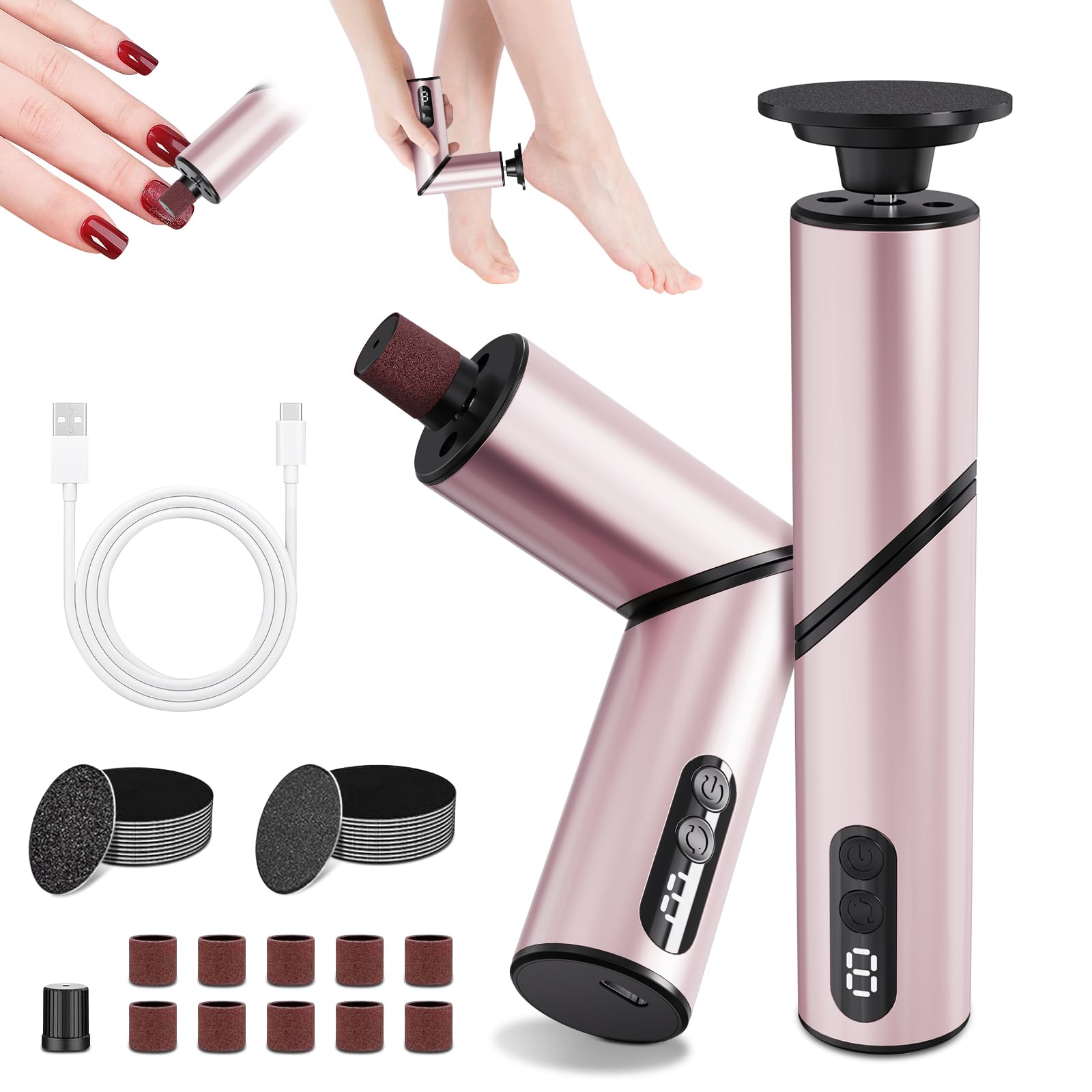 ATAUSD 5 en 1 - Eliminador de callos eléctrico, diseño plegable eléctrico, eliminador de callos y lijadora de uñas para talones agrietados, color dorado champán — view 8