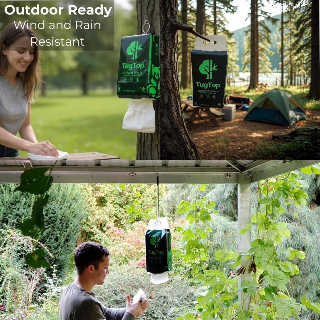 Eco Paper Towels (3 Pack, 900 Sheets + 3 Hooks) | Portable Hanging Bag Dispenser, Bamboo & Wood Blend for Car, Camping, RV, Garage, Indoors & Outdoors