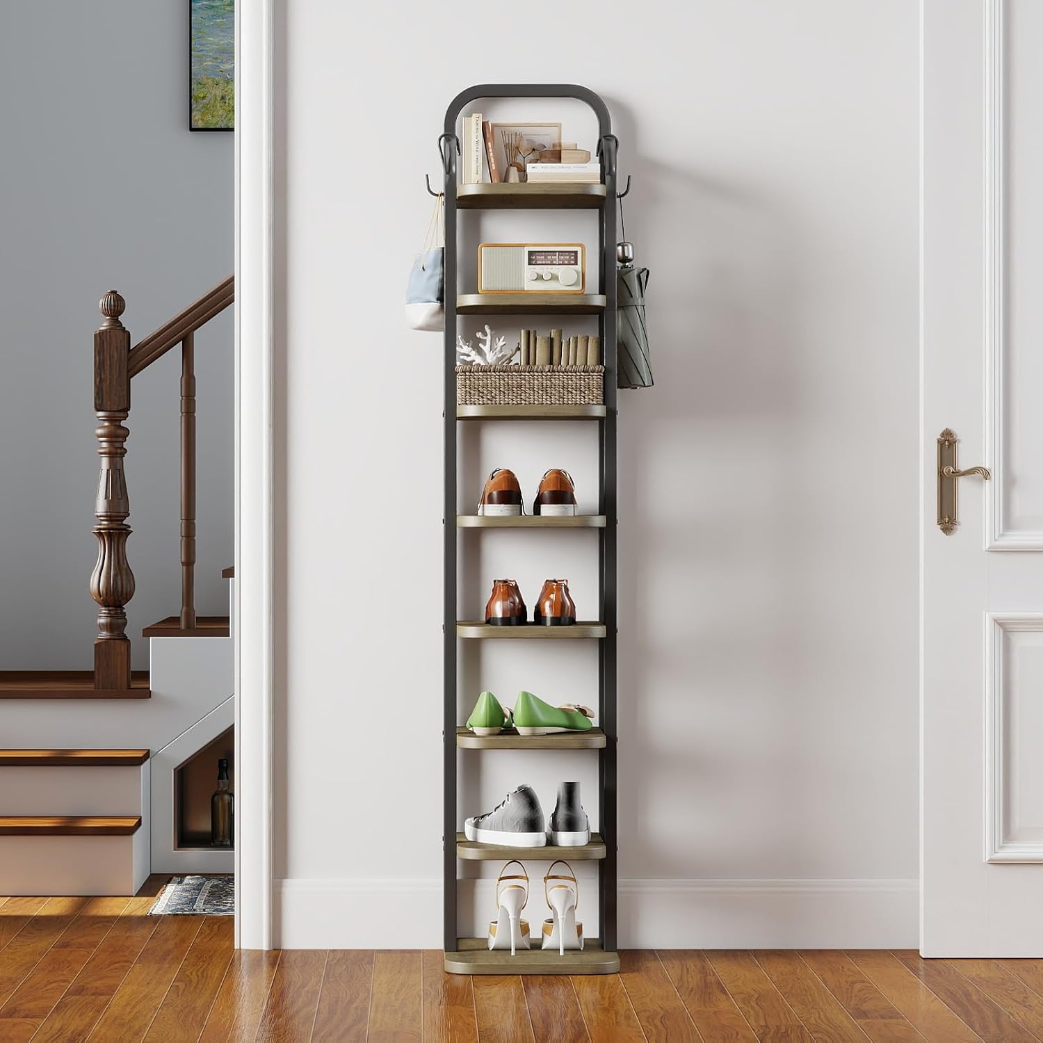 8 Tiers Vertical Shoe Rack, Narrow Wooden Shoe Storage Organizer with 2 Hooks Adjustable Shelves for Corner Small Spaces Entryway
