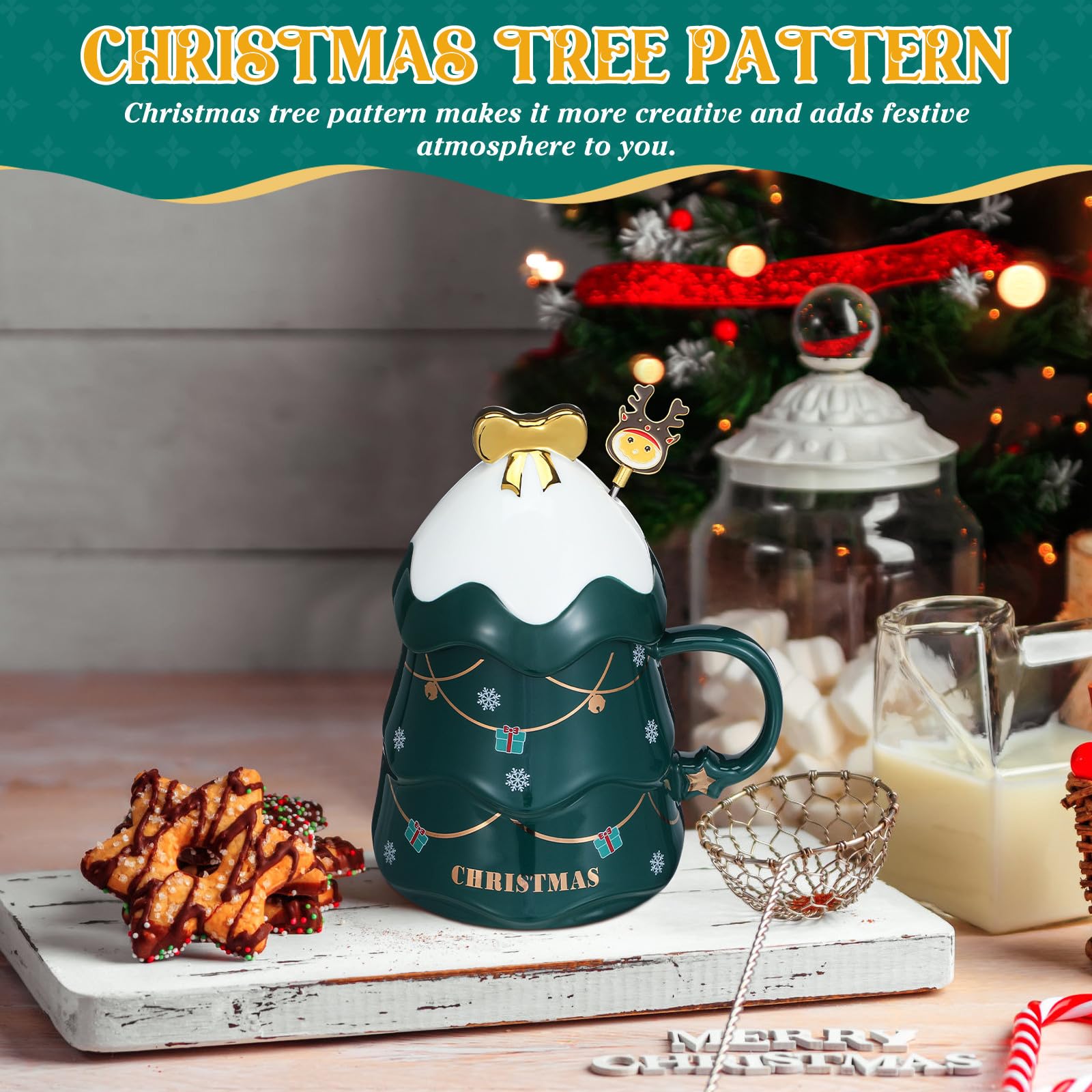 Taza de Cerámica Forma de Árbol de Navidad, Capacidad 500ml, Incluye Tapa y Cuchara, Adecuado para Café y Té en Hogar o Cafetería