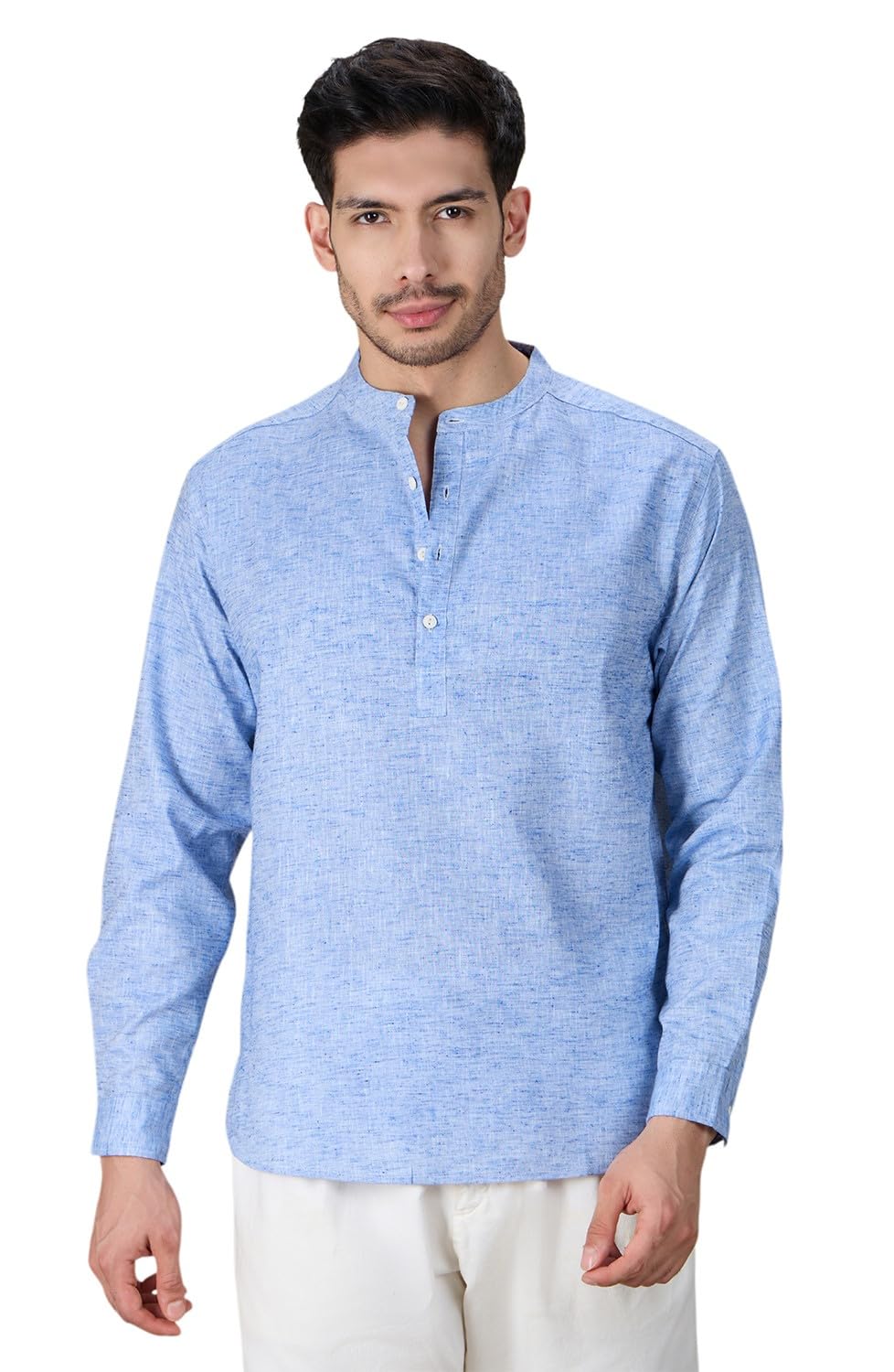 studio shringaar Men's Blue Cotton Linen Blend Two-Tone Classic Short Kurta Shirt-picture-36