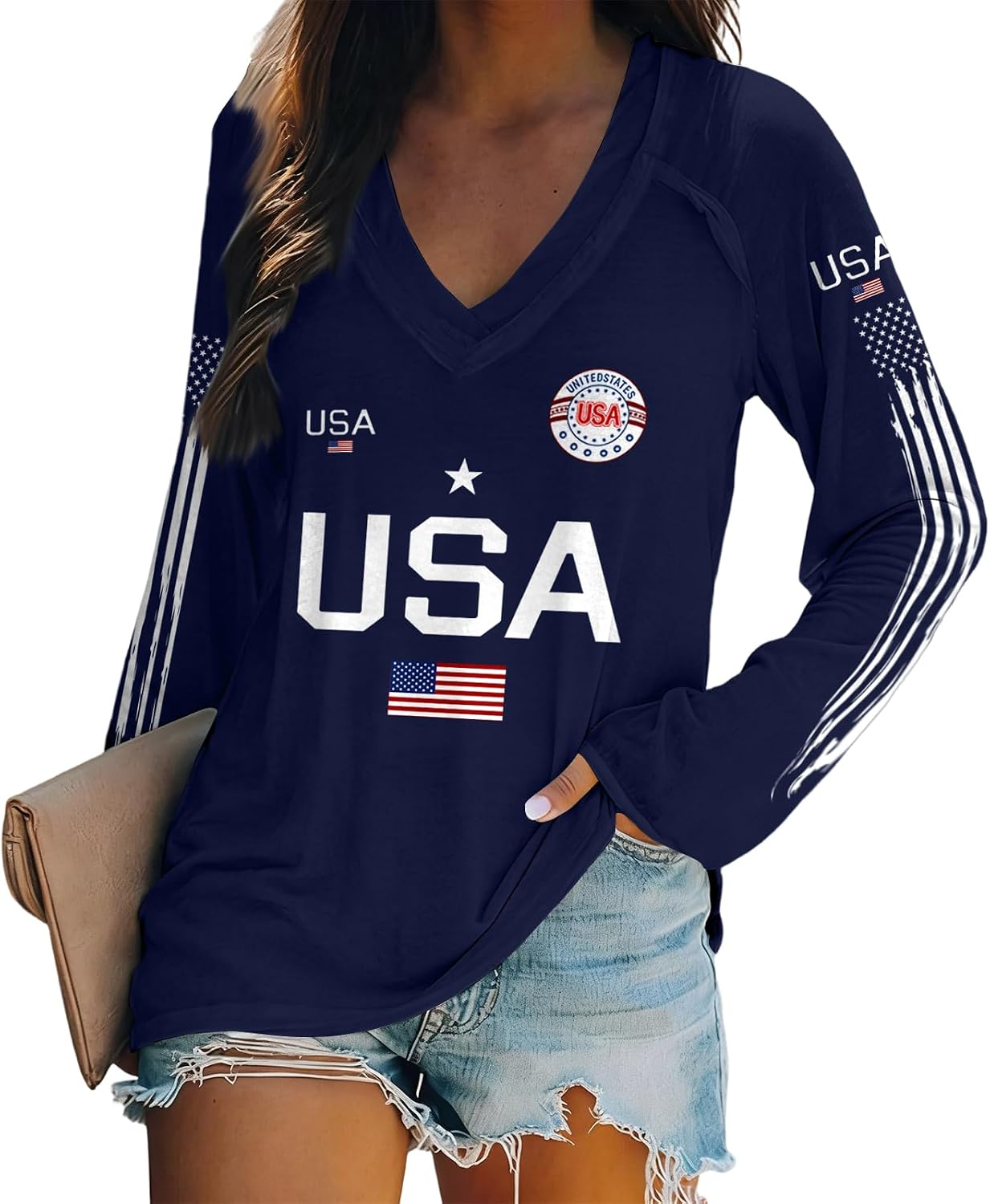 Women's 250Th Anniversary Shirts, Long Sleeve V-Neck American Flag Patriotic Tops, 4Th of July T-Shirt for Women, S-3XL