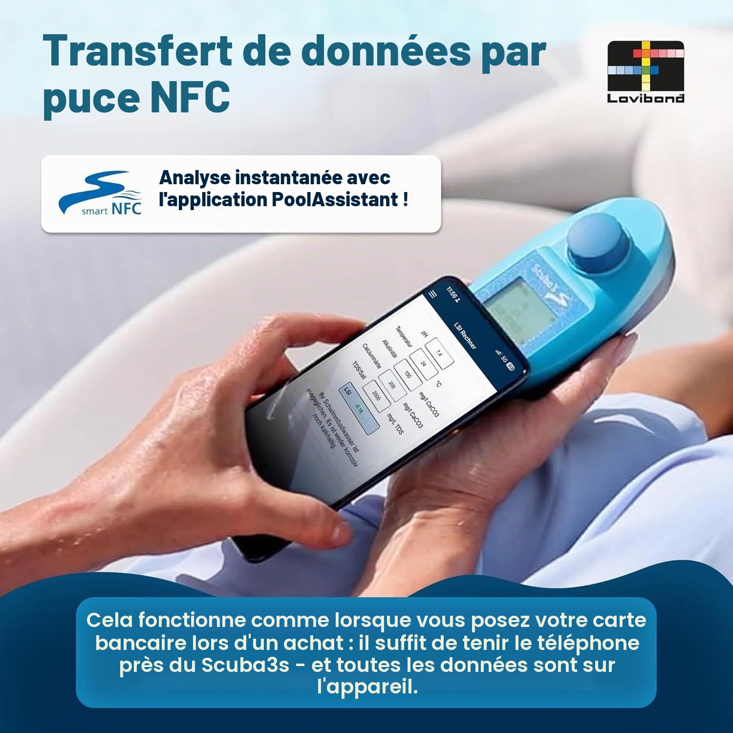 Testeur de piscine électronique SCUBA 3s + Pack de recharge - Transfert de données NFC Connexion à l'application Indicateur de signal lumineux - Mesure 11 paramètres d'eau - Incl. 60 pastilles pour