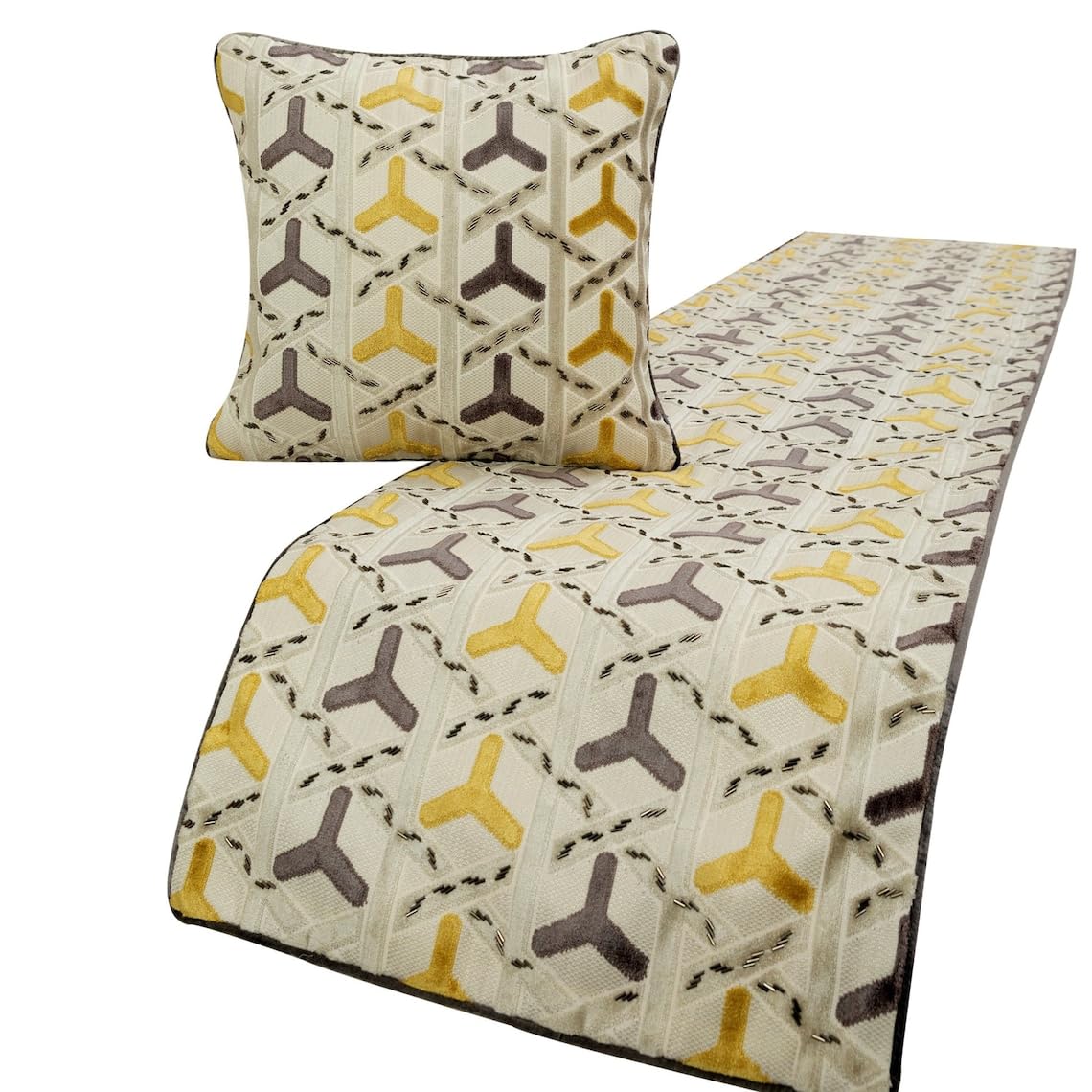 The HomeCentric King/Queen/Twin Grey & Yellow Designer Twin 133x45 cm Bed Runner WITHOUT Cushion Cover, Beaded Bed Scarf on Velvet fabric - Tripod — image 1